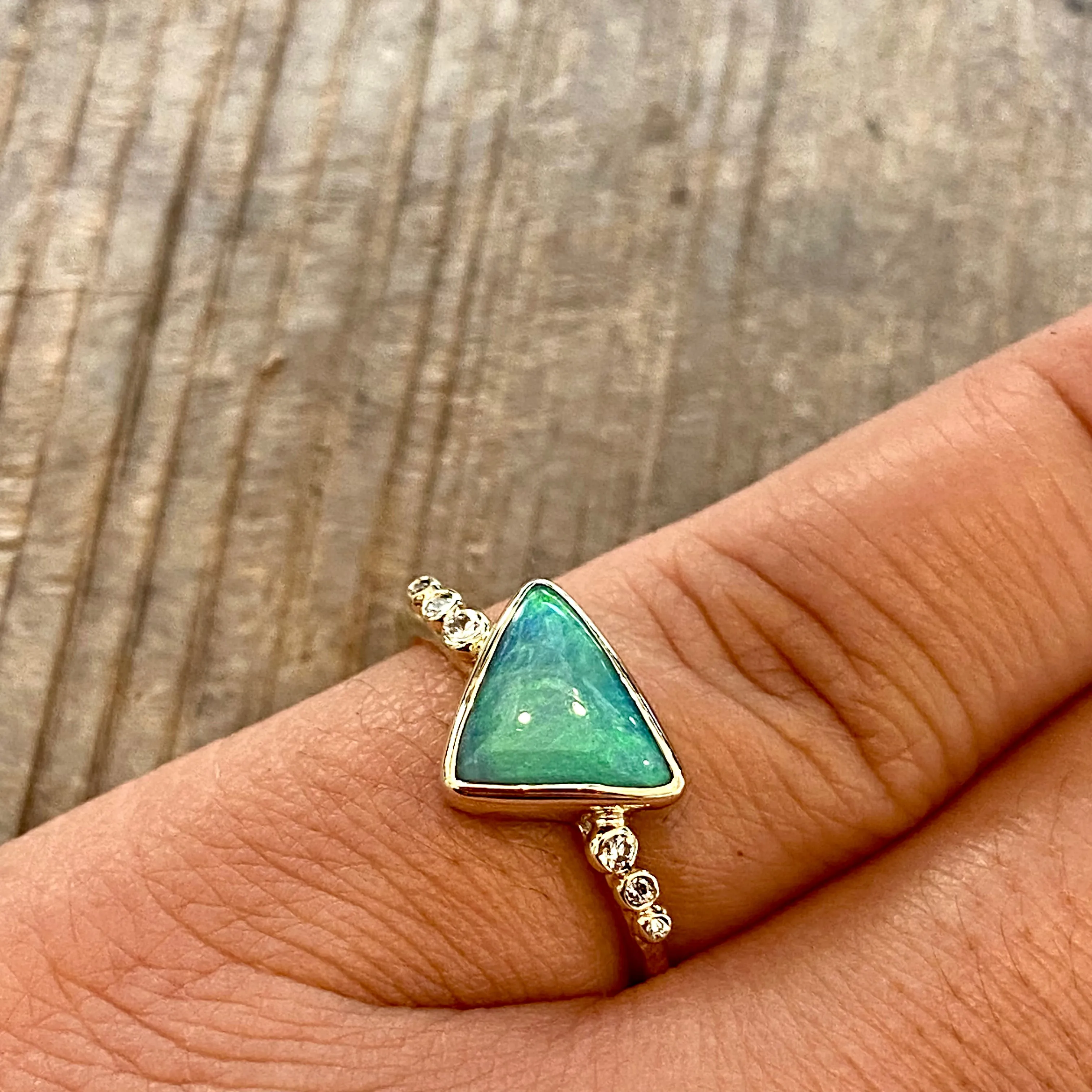14k Australian Opal Triangle with Diamonds Ring