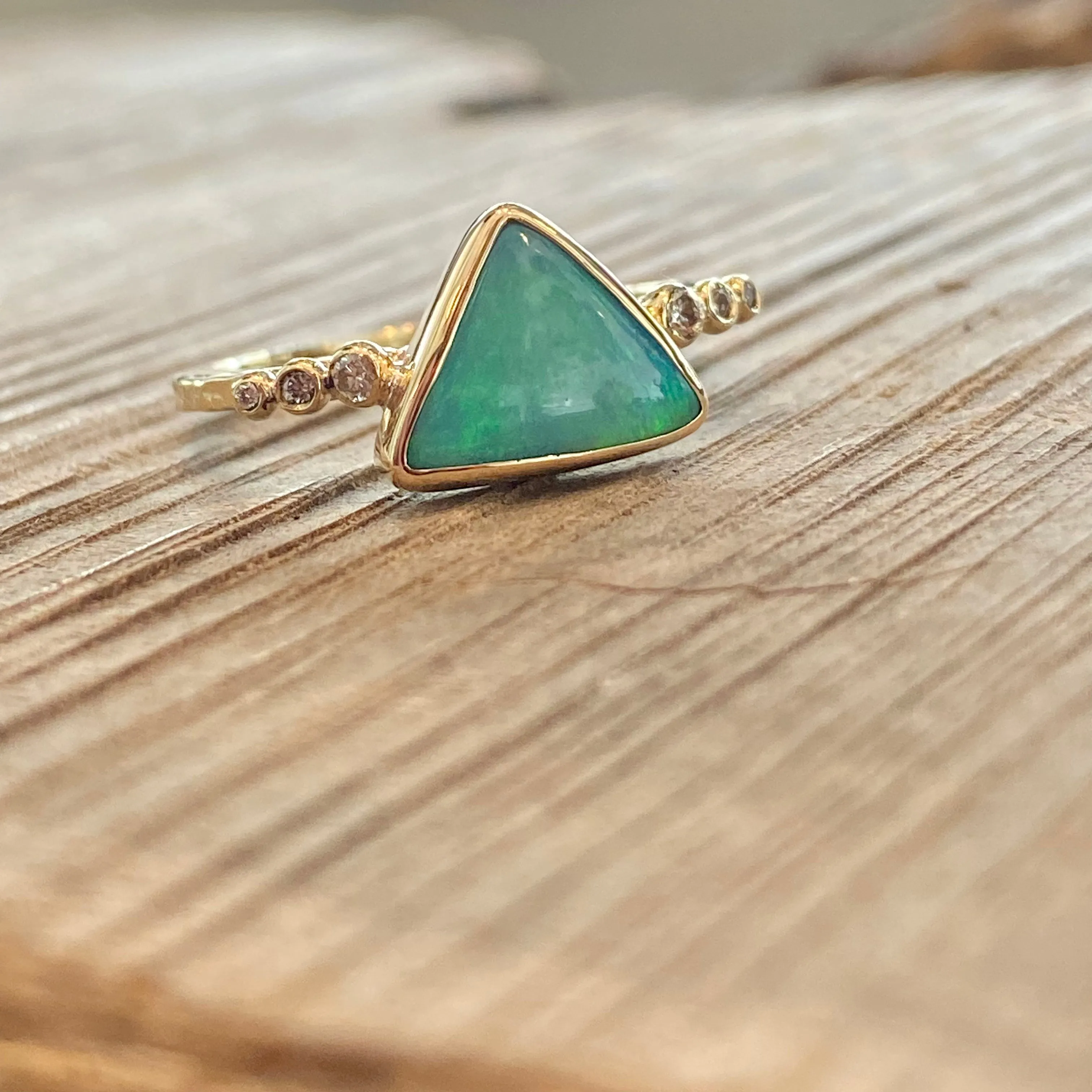 14k Australian Opal Triangle with Diamonds Ring