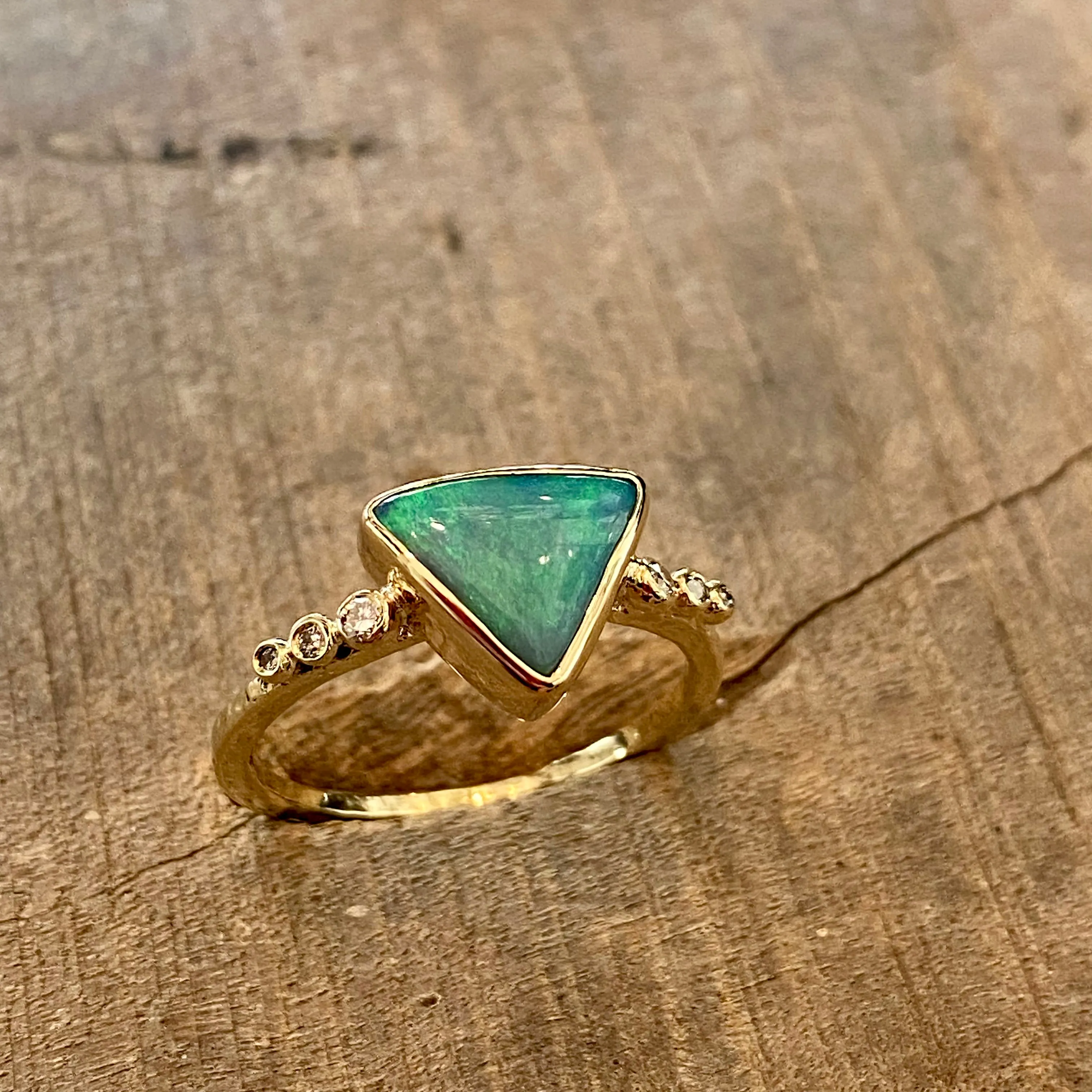 14k Australian Opal Triangle with Diamonds Ring