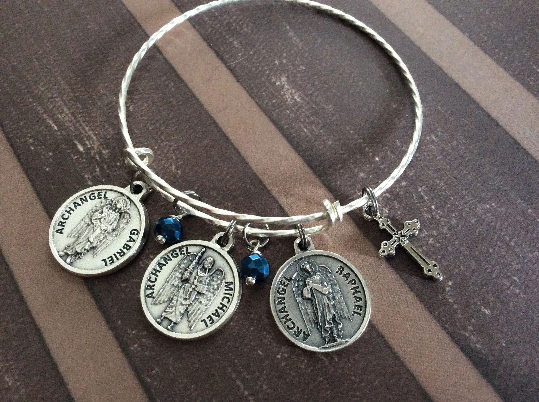 3 Archangel Charms with Prayer on Back Silver Sapphire Blue Crystal and Benedictine Cross Expandable Inspirational Jewelry Adjustable Bracelet