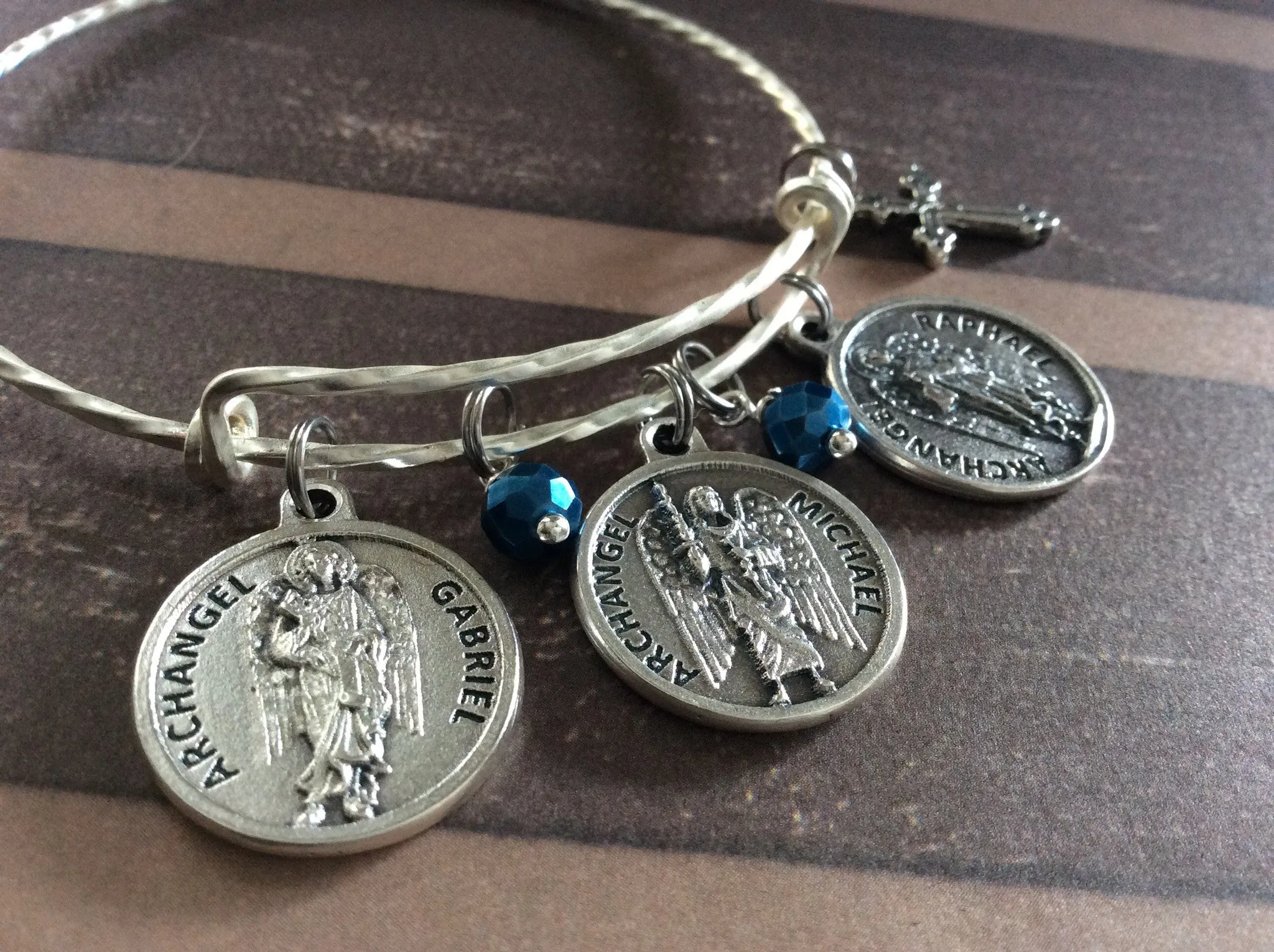 3 Archangel Charms with Prayer on Back Silver Sapphire Blue Crystal and Benedictine Cross Expandable Inspirational Jewelry Adjustable Bracelet