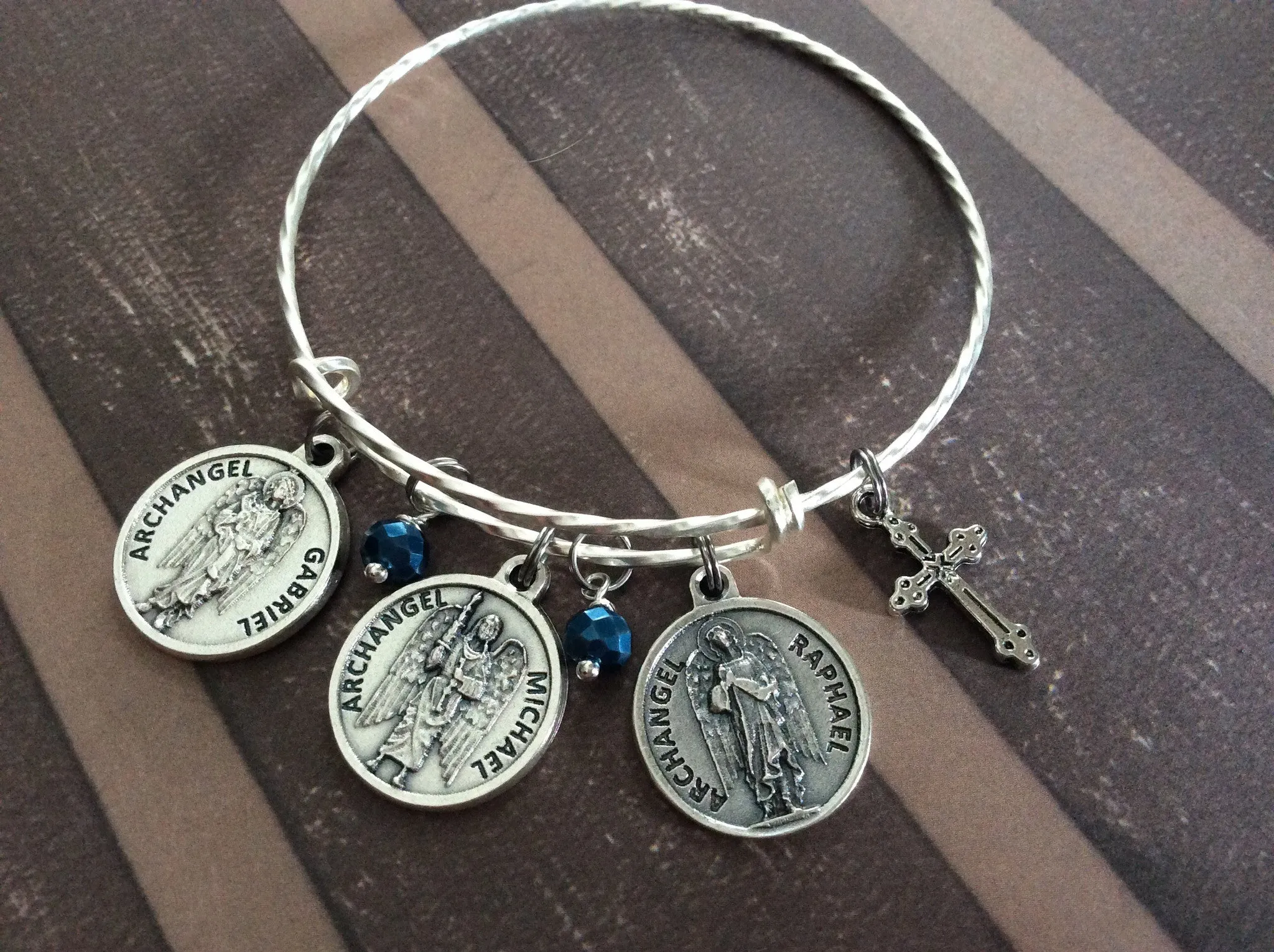 3 Archangel Charms with Prayer on Back Silver Sapphire Blue Crystal and Benedictine Cross Expandable Inspirational Jewelry Adjustable Bracelet