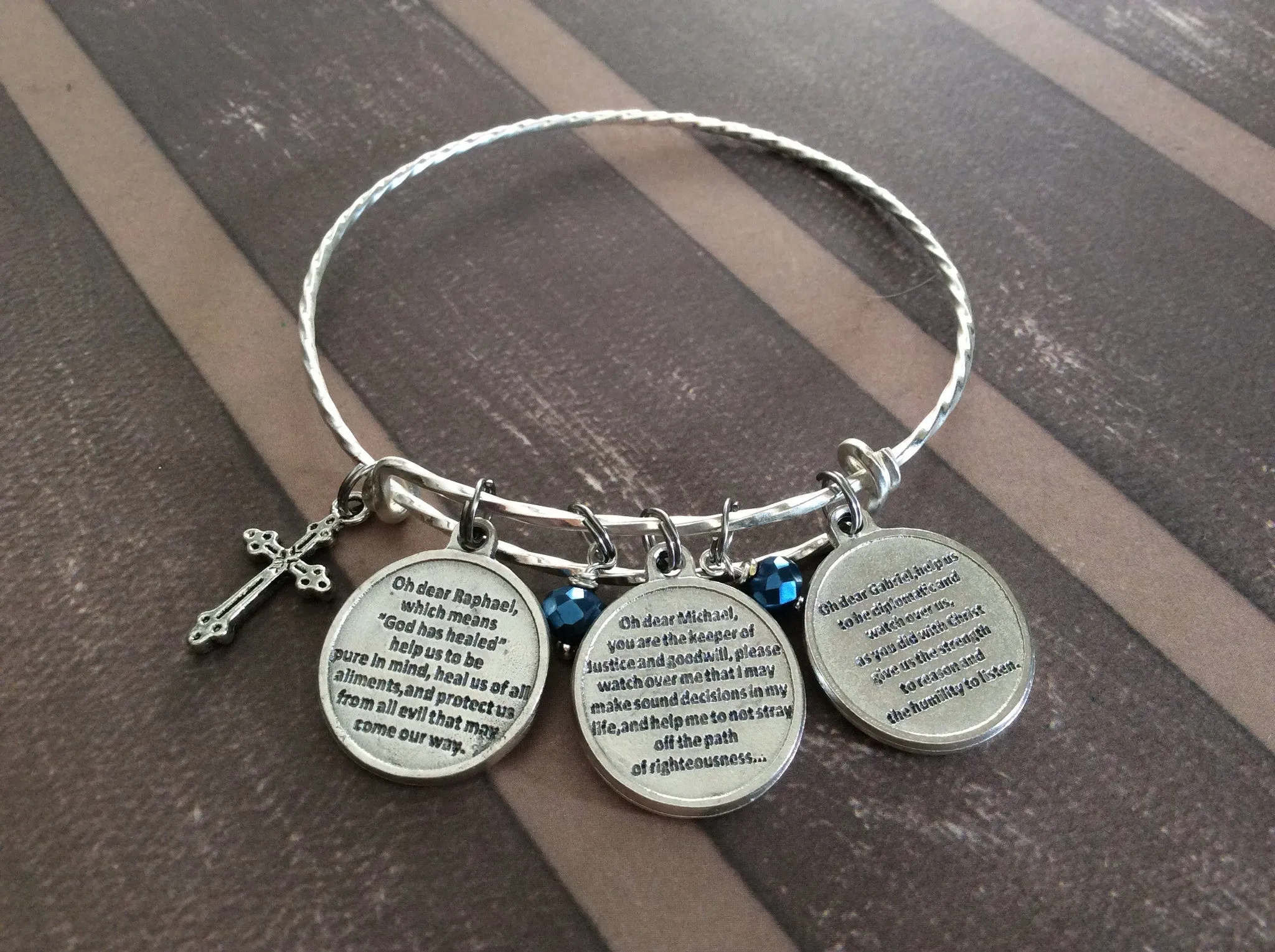 3 Archangel Charms with Prayer on Back Silver Sapphire Blue Crystal and Benedictine Cross Expandable Inspirational Jewelry Adjustable Bracelet