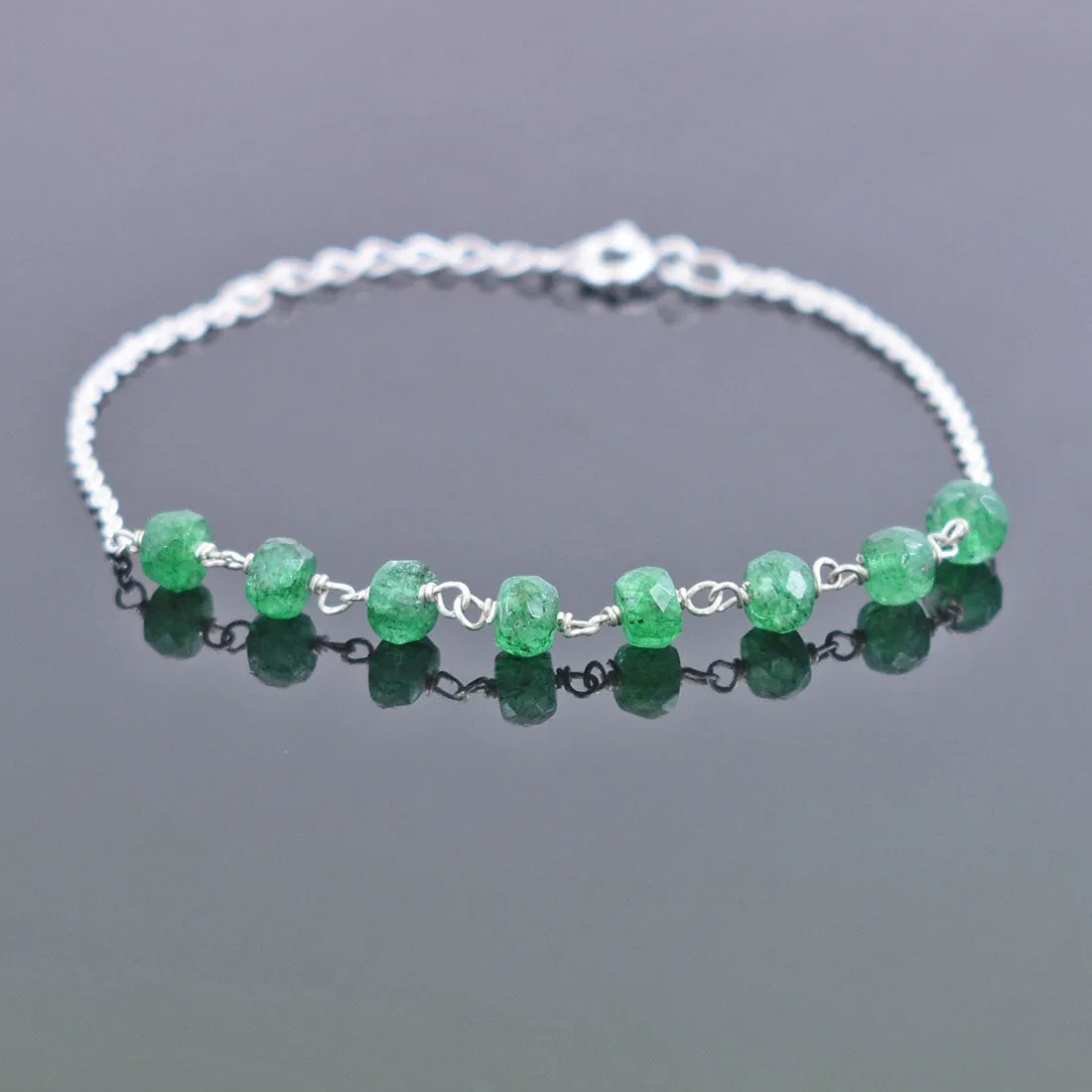 5 mm Faceted Emerald Gemstone Chain Bracelet, Very Elegant & Dainty