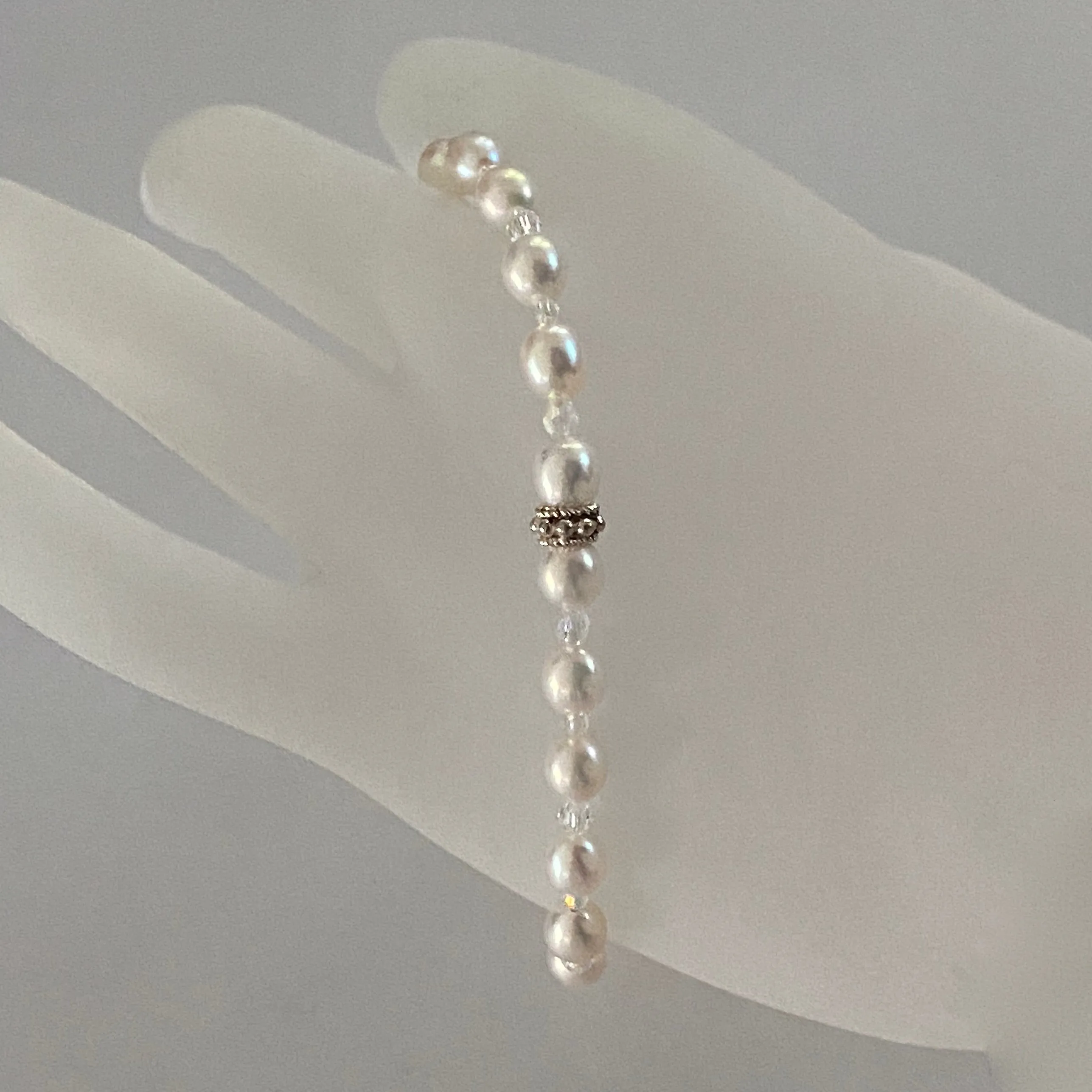 7-1/3" stretch bracelet with soft white freshwater cultured pearls and Swarovski crystal beads