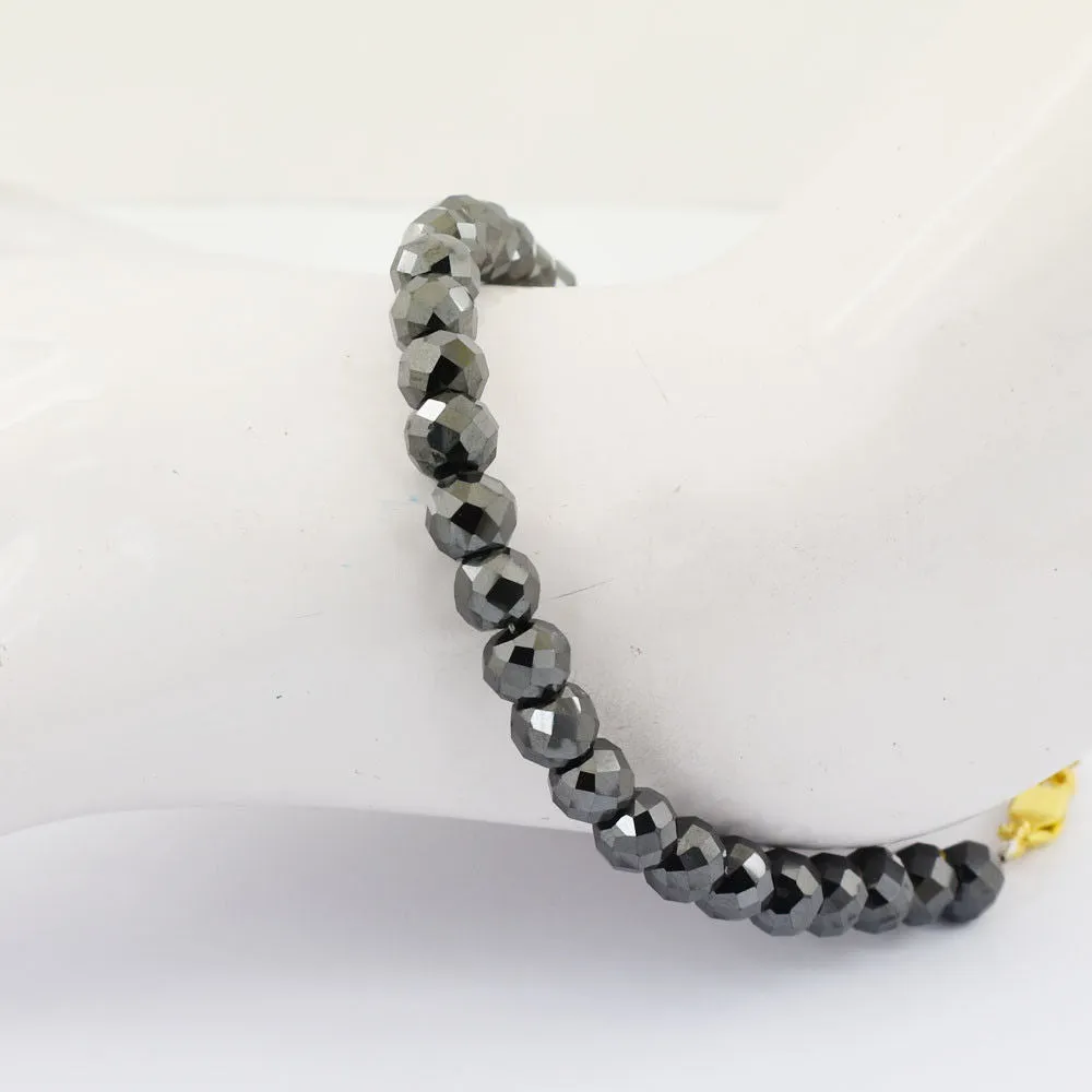 7 mm Round Faceted Black Diamond Beaded Bracelet In Yellow Finish Clasp. Amazing Collection & Great Shine