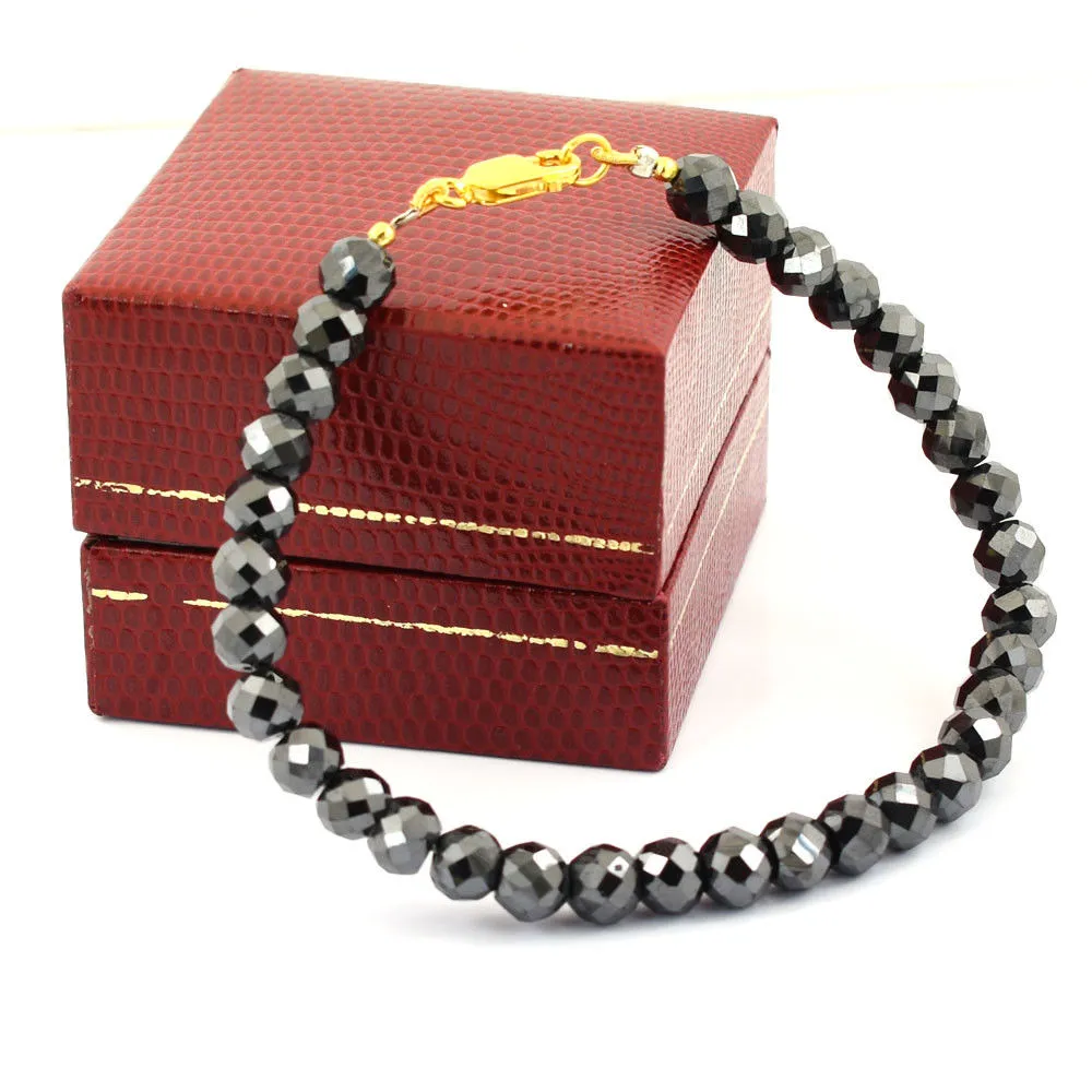 7 mm Round Faceted Black Diamond Beaded Bracelet In Yellow Finish Clasp. Amazing Collection & Great Shine