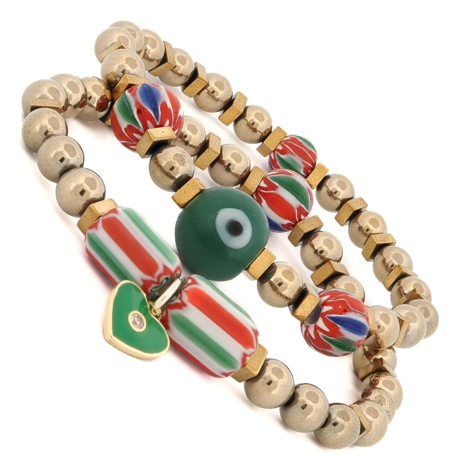 African & Gold Beaded Heart Charm Bracelet Set