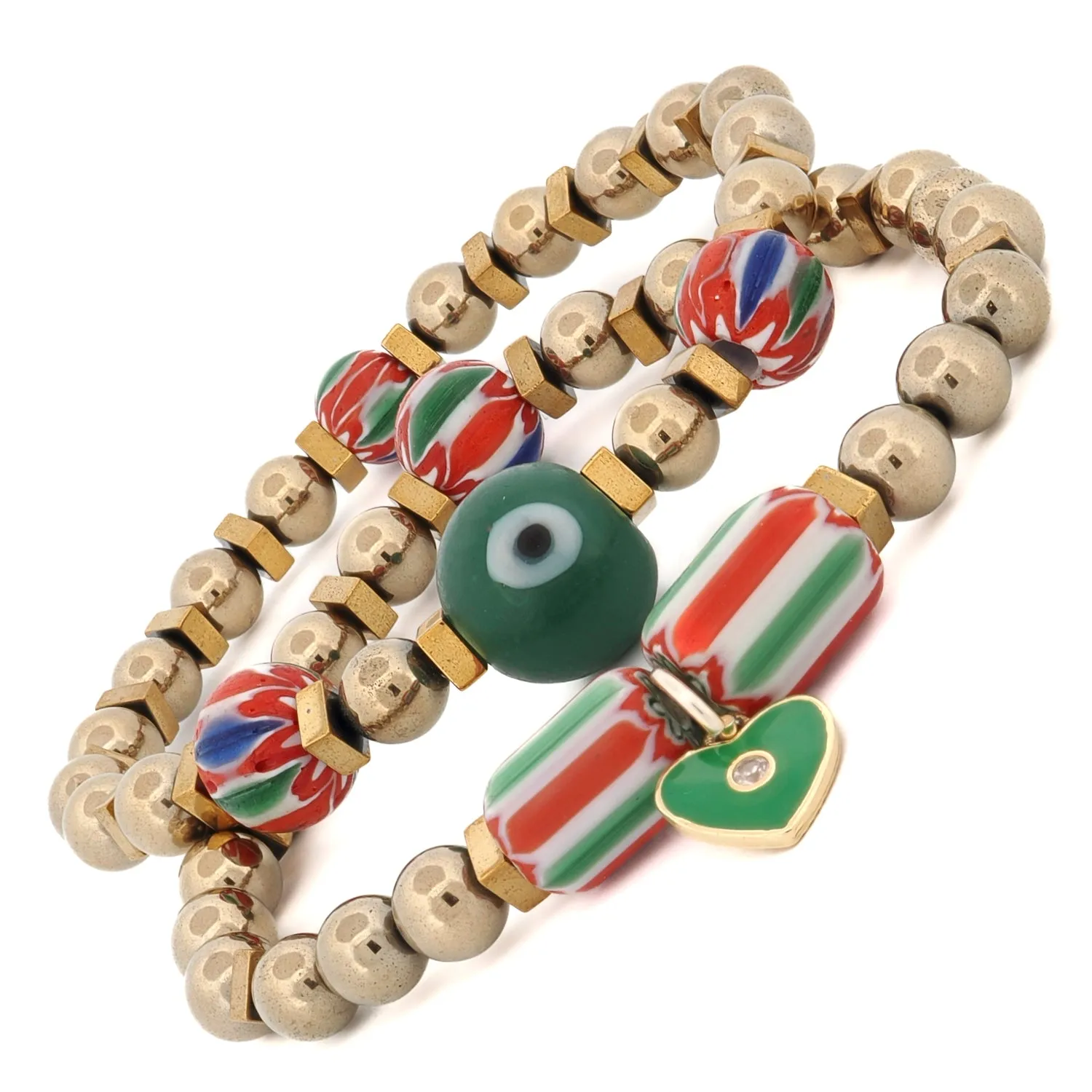 African & Gold Beaded Heart Charm Bracelet Set