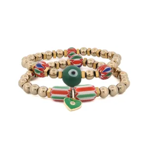 African & Gold Beaded Heart Charm Bracelet Set