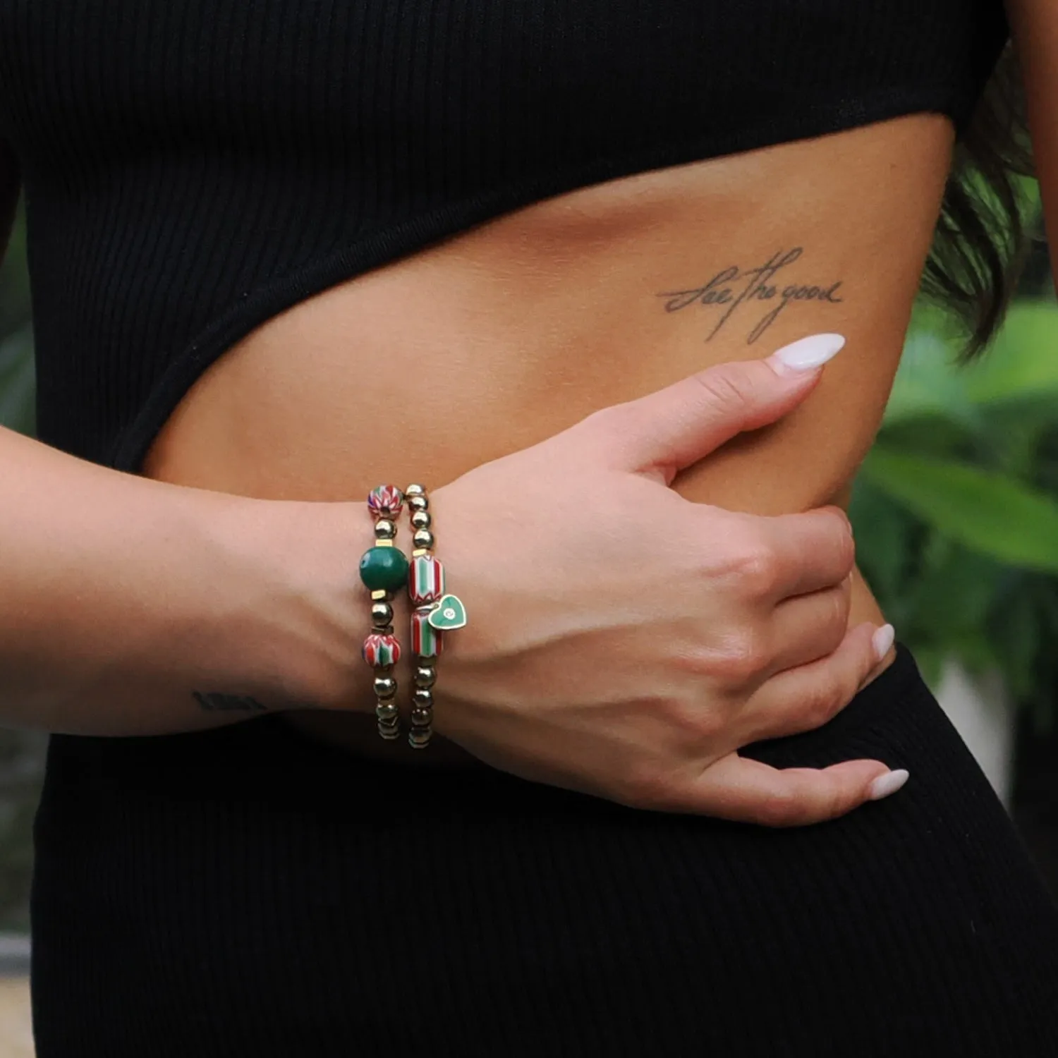 African & Gold Beaded Heart Charm Bracelet Set