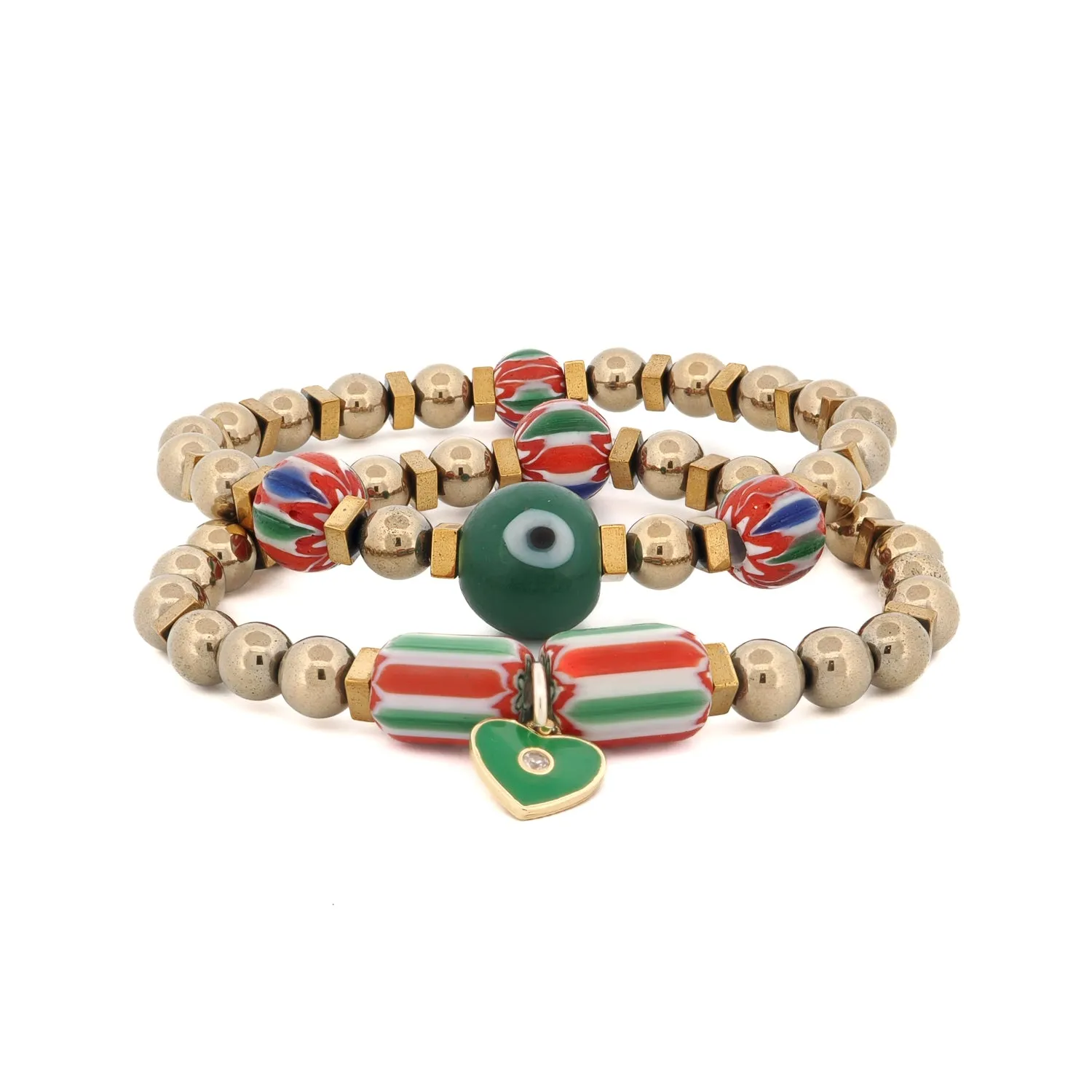 African & Gold Beaded Heart Charm Bracelet Set