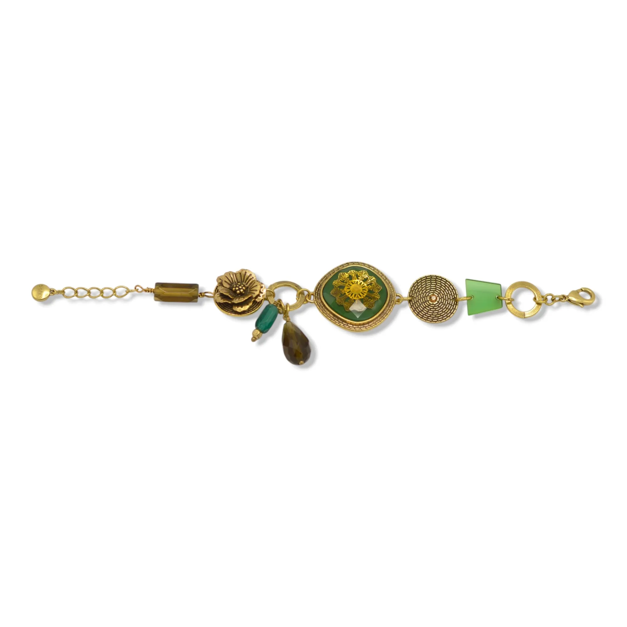 Antique Gold Flower Green Faceted Pendant Green And Smokey Beads bracelet# 195TL21 (2C2/4B4)