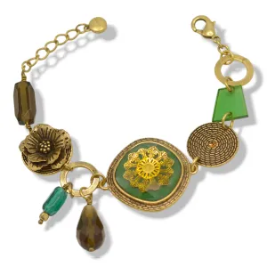 Antique Gold Flower Green Faceted Pendant Green And Smokey Beads bracelet# 195TL21 (2C2/4B4)