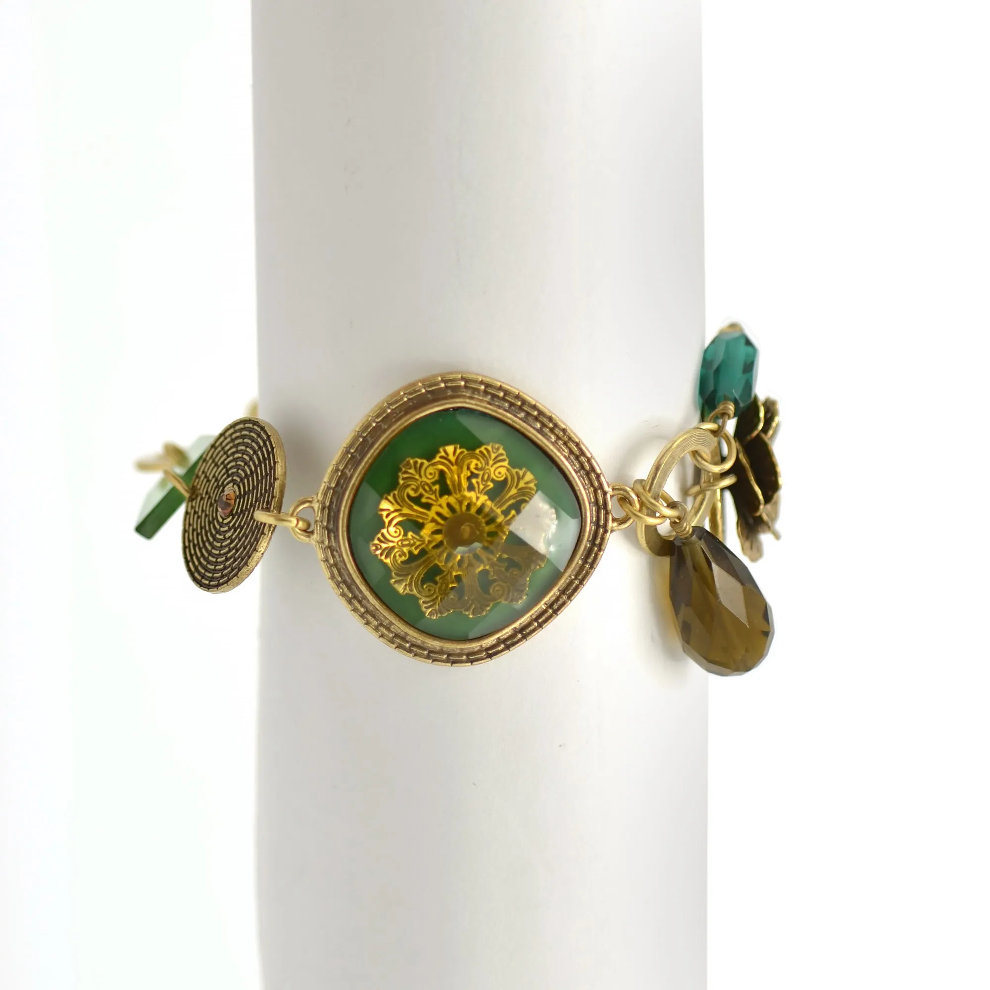 Antique Gold Flower Green Faceted Pendant Green And Smokey Beads bracelet# 195TL21 (2C2/4B4)
