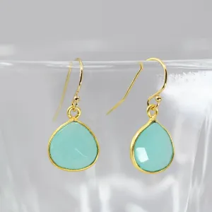Aqua Chalcedony Gold Drop Earrings | 10mm Pear Bezel Dangle Jewelry