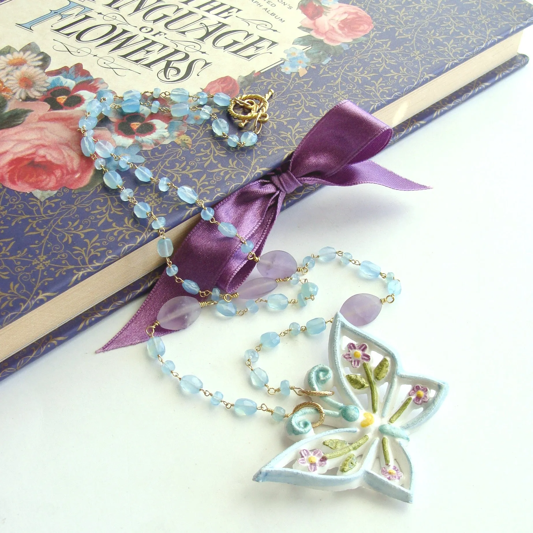 Aqua Chalcedony Matte Amethyst Reticulated Ceramic Butterfly Pendant Necklace - Farfalla Necklace
