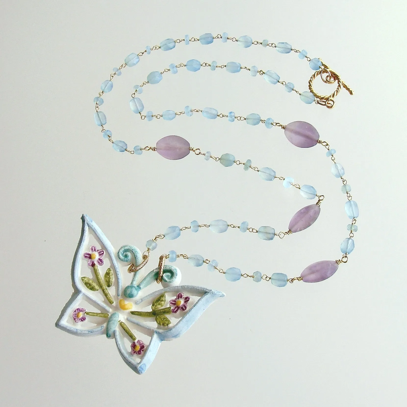 Aqua Chalcedony Matte Amethyst Reticulated Ceramic Butterfly Pendant Necklace - Farfalla Necklace