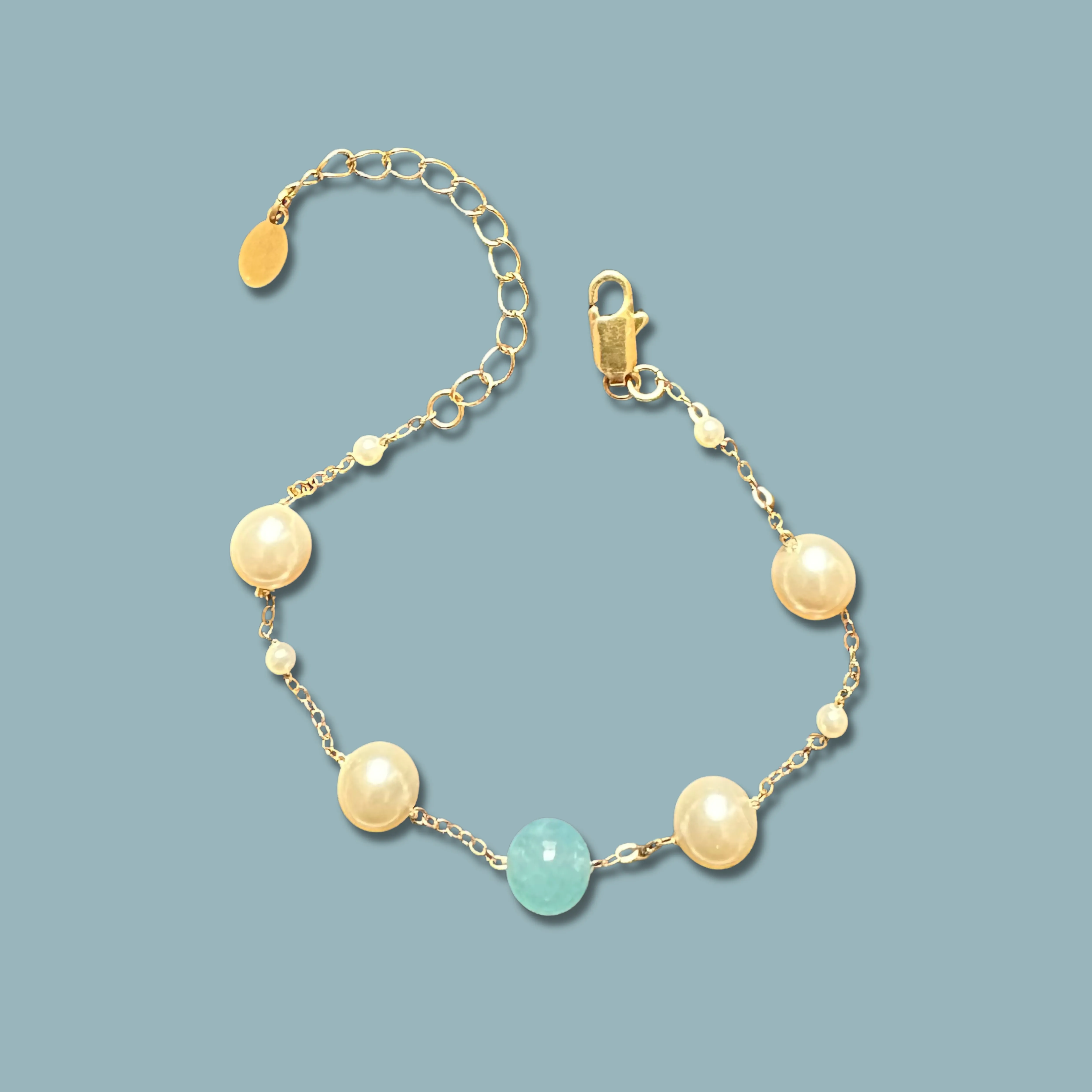 Aquamarine Gemstone & Swarovski Pearls Adjustable Bracelet For Women 61/2- 81/2 Inches.