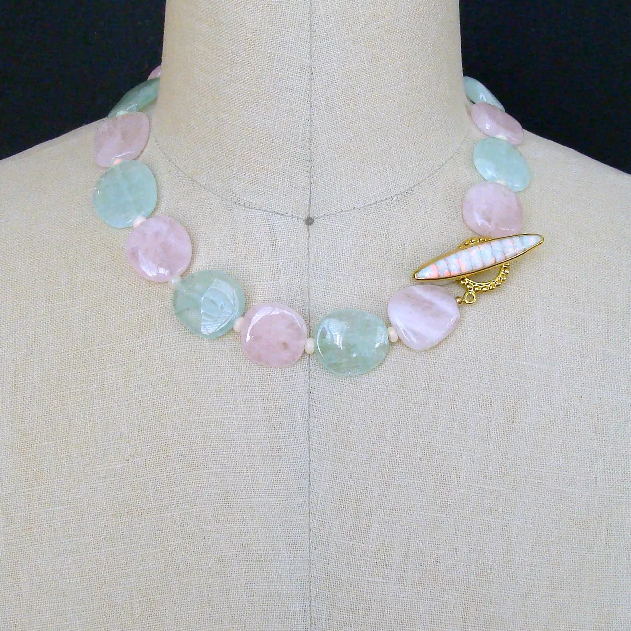 Aquamarine Morganite Beryl Slices Opal Choker Necklace Inlay Opal Toggle - Francesca Necklace
