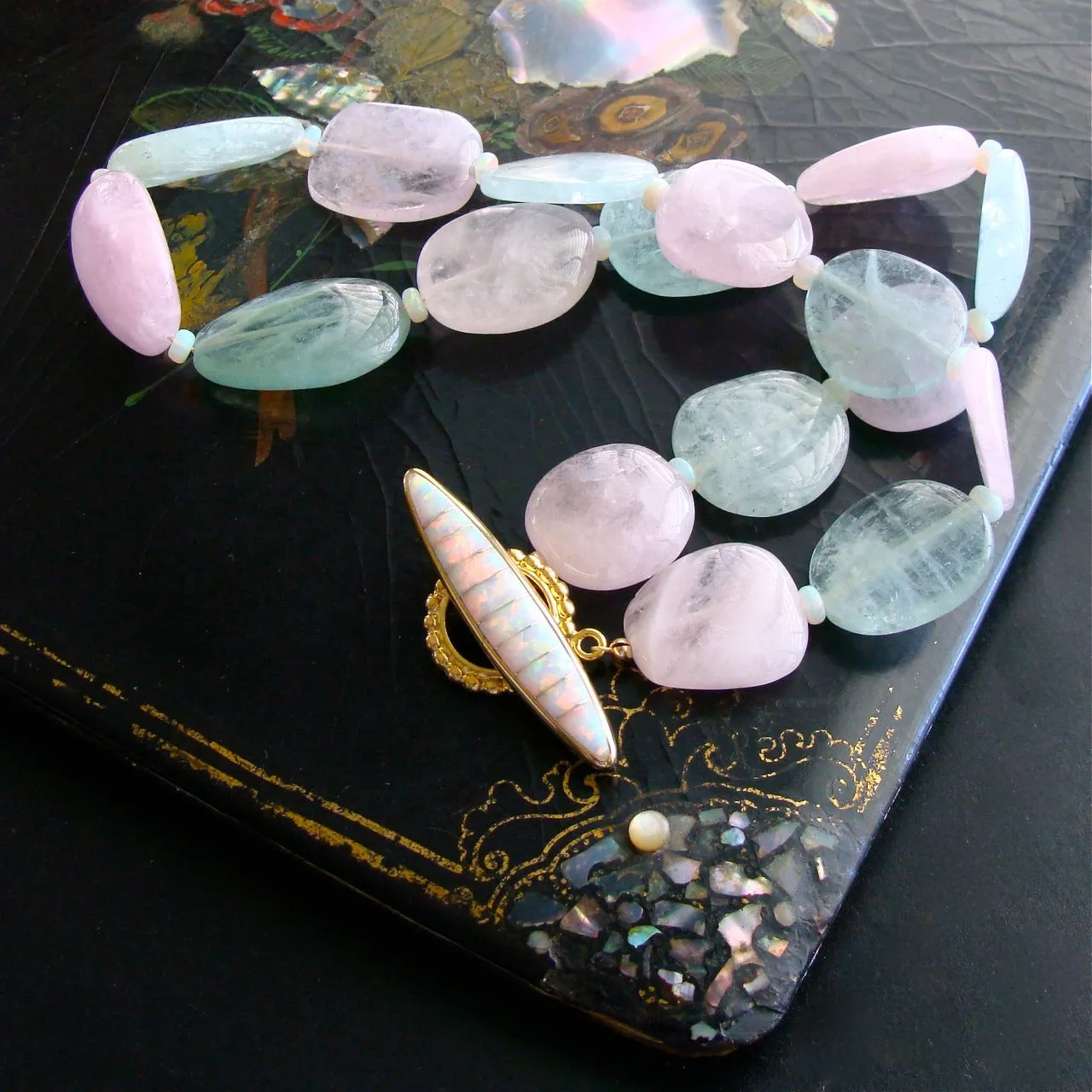 Aquamarine Morganite Beryl Slices Opal Choker Necklace Inlay Opal Toggle - Francesca Necklace