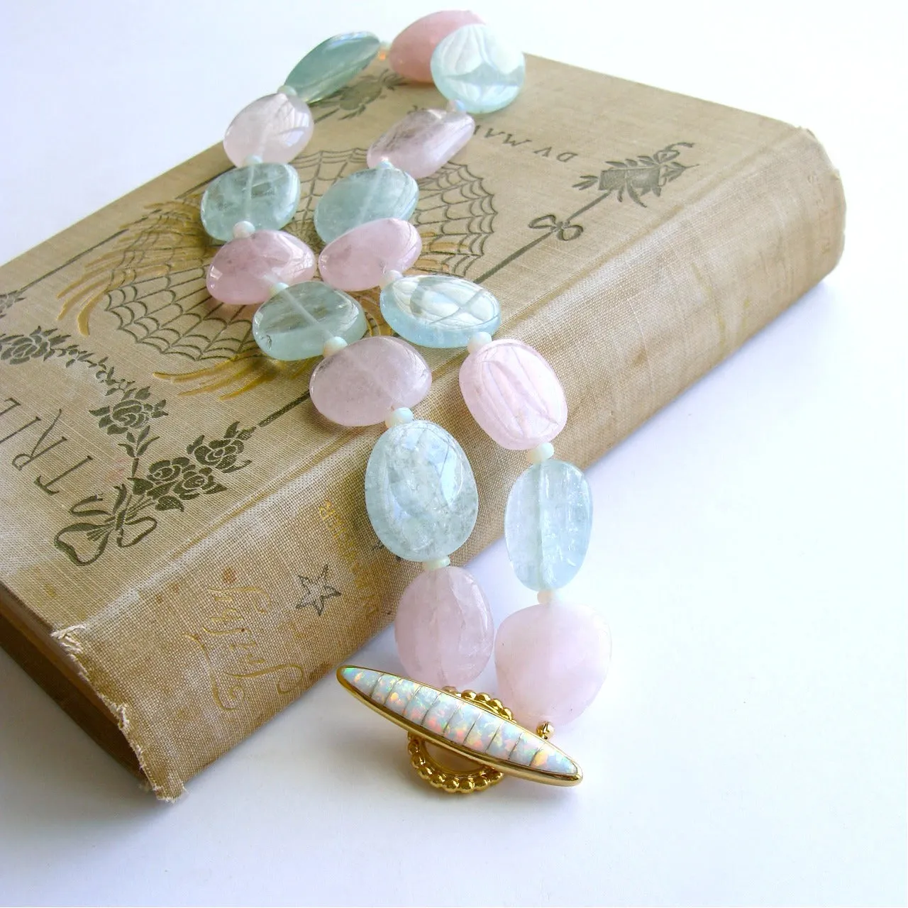 Aquamarine Morganite Beryl Slices Opal Choker Necklace Inlay Opal Toggle - Francesca Necklace
