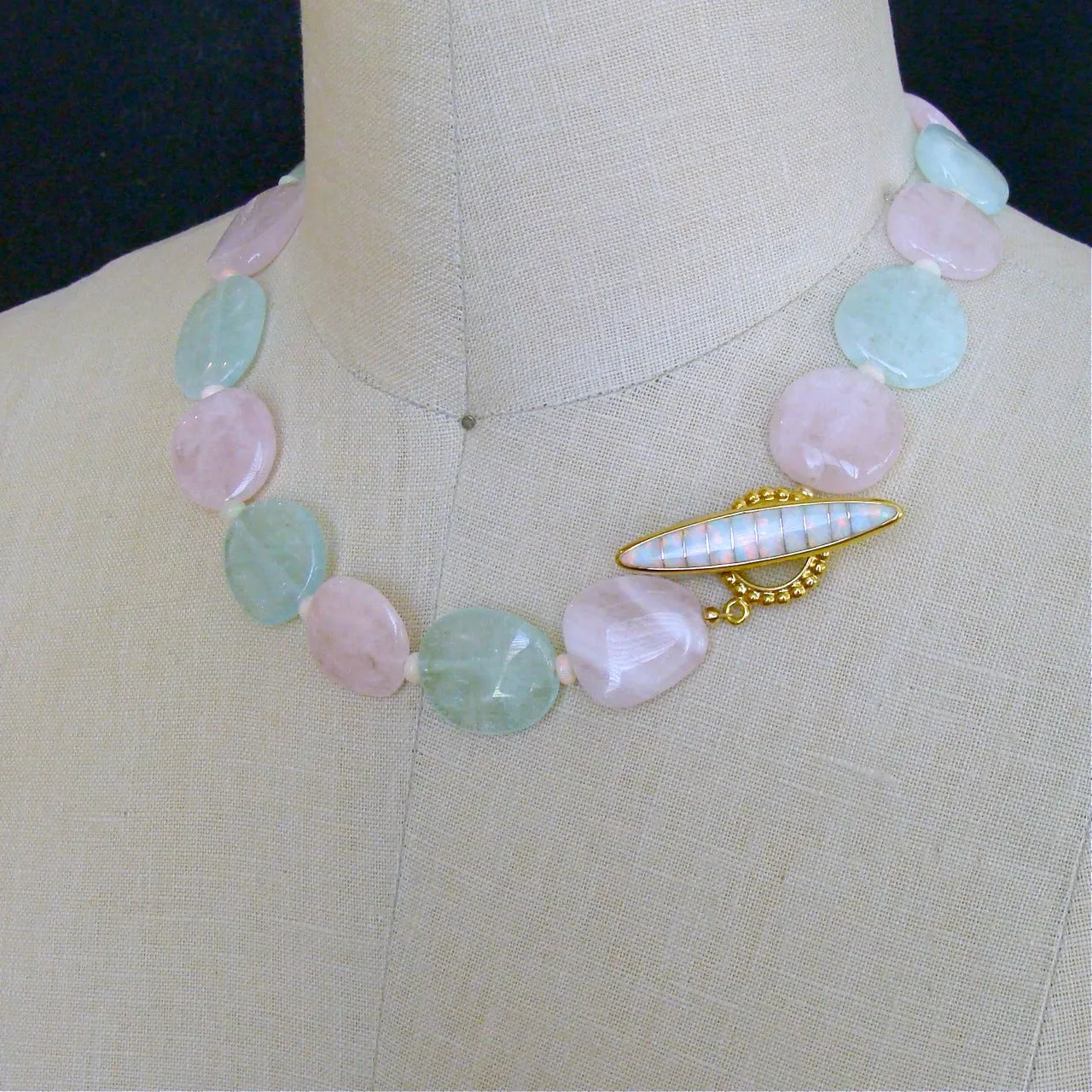 Aquamarine Morganite Beryl Slices Opal Choker Necklace Inlay Opal Toggle - Francesca Necklace