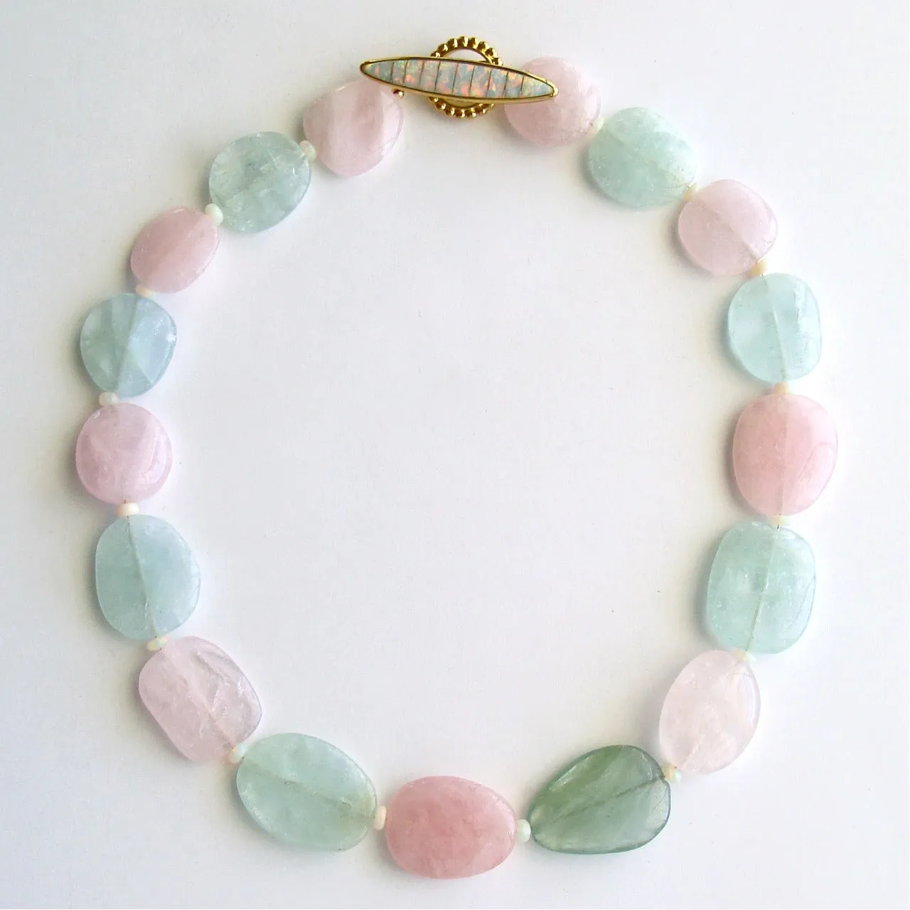 Aquamarine Morganite Beryl Slices Opal Choker Necklace Inlay Opal Toggle - Francesca Necklace