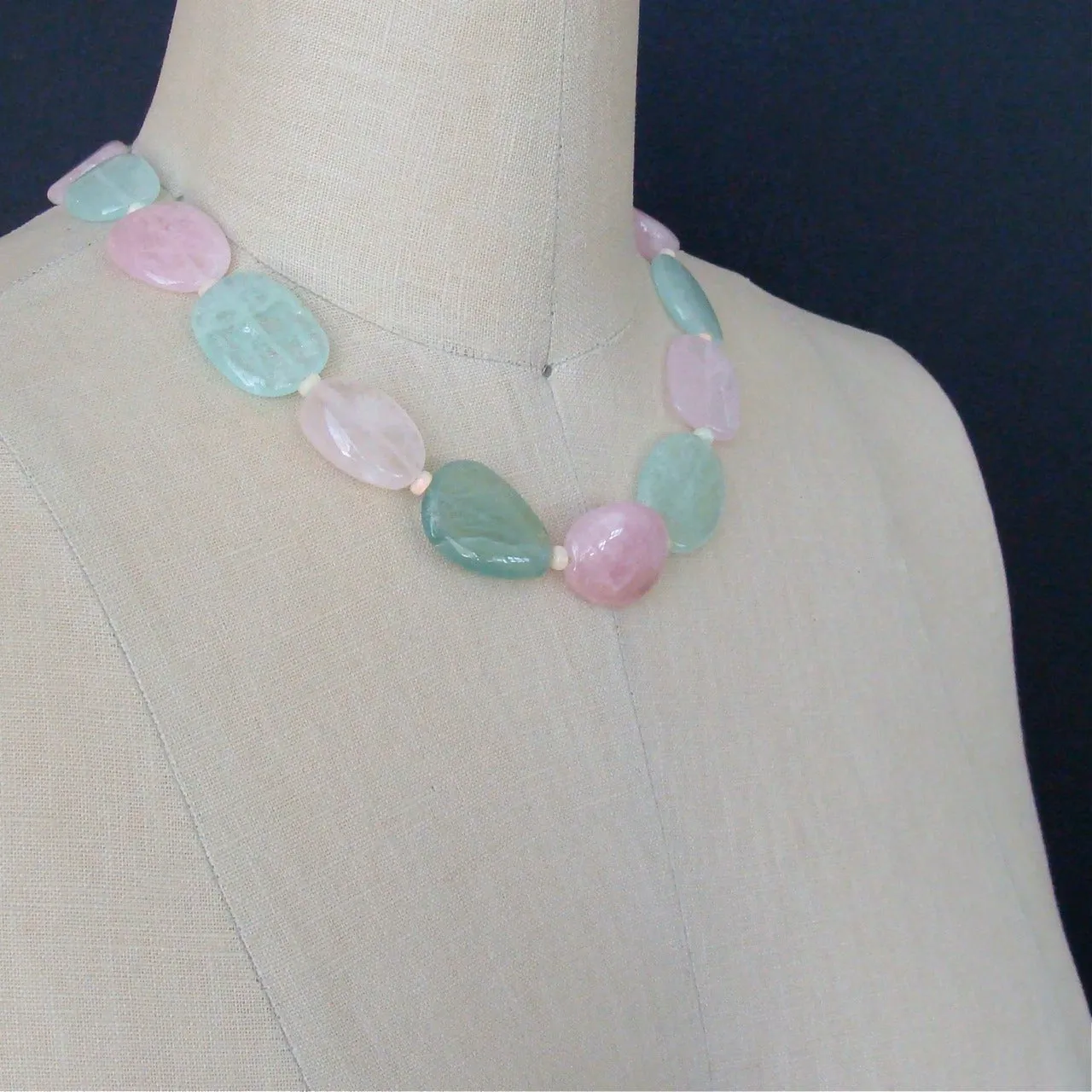 Aquamarine Morganite Beryl Slices Opal Choker Necklace Inlay Opal Toggle - Francesca Necklace