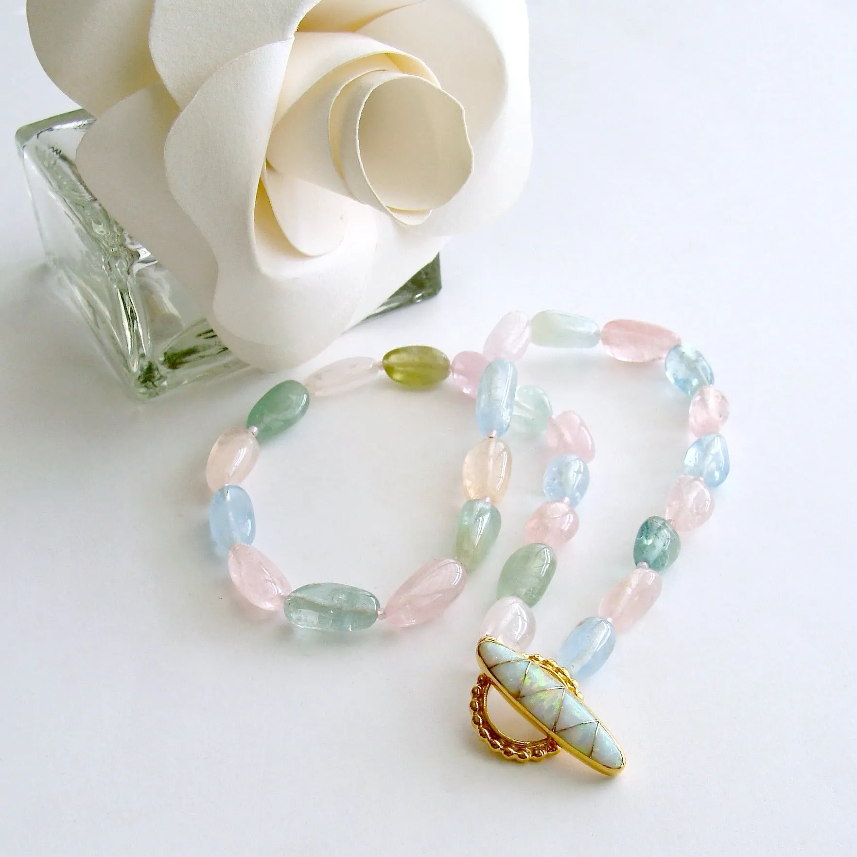 Aquamarine Morganite Heliodore Beryl Nuggets Inlay Opal Toggle Choker Necklace - Francesca II Necklace
