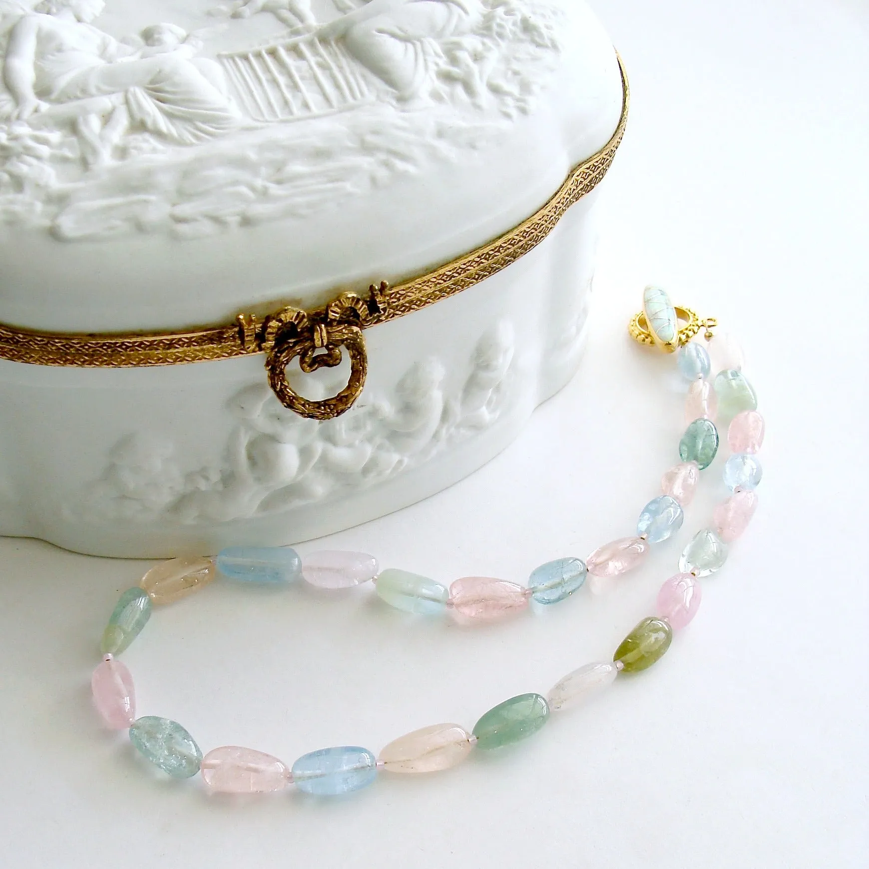 Aquamarine Morganite Heliodore Beryl Nuggets Inlay Opal Toggle Choker Necklace - Francesca II Necklace