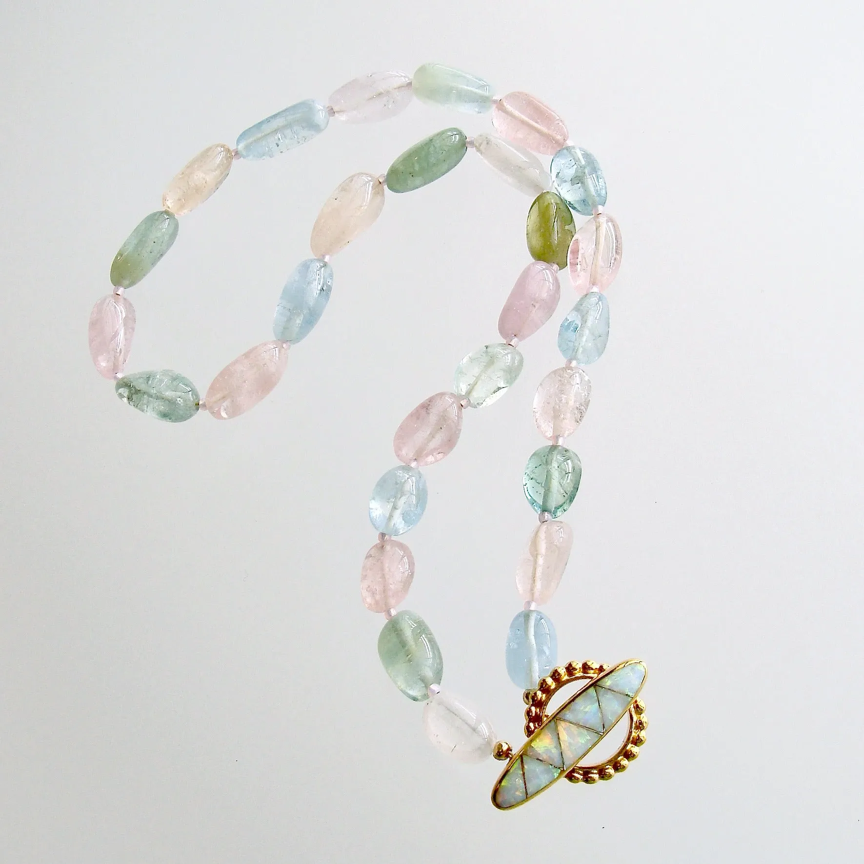 Aquamarine Morganite Heliodore Beryl Nuggets Inlay Opal Toggle Choker Necklace - Francesca II Necklace