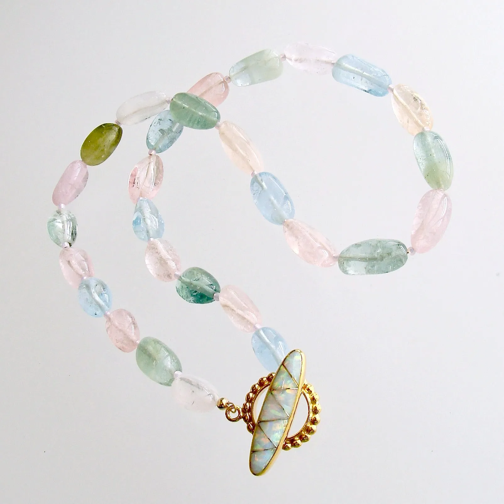 Aquamarine Morganite Heliodore Beryl Nuggets Inlay Opal Toggle Choker Necklace - Francesca II Necklace