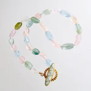 Aquamarine Morganite Heliodore Beryl Nuggets Inlay Opal Toggle Choker Necklace - Francesca II Necklace