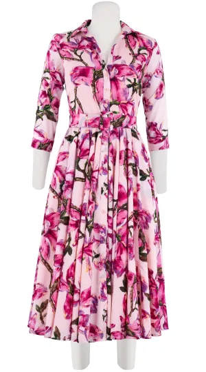 Aster Dress Shirt Collar 3/4 Sleeve Midi Length Cotton Musola (Magnolia Blossom White)