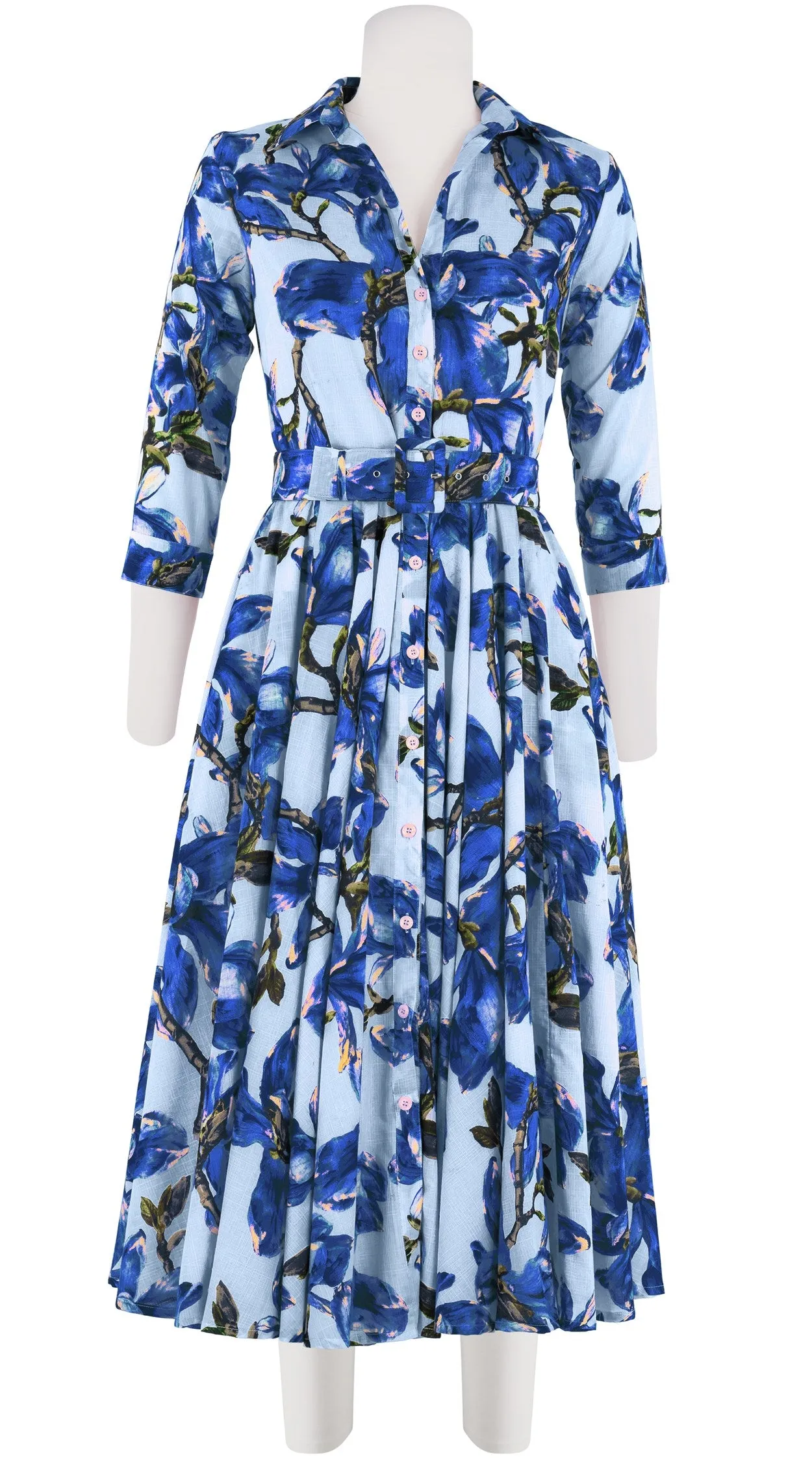 Aster Dress Shirt Collar 3/4 Sleeve Midi Length Cotton Musola (Magnolia Blossom White)