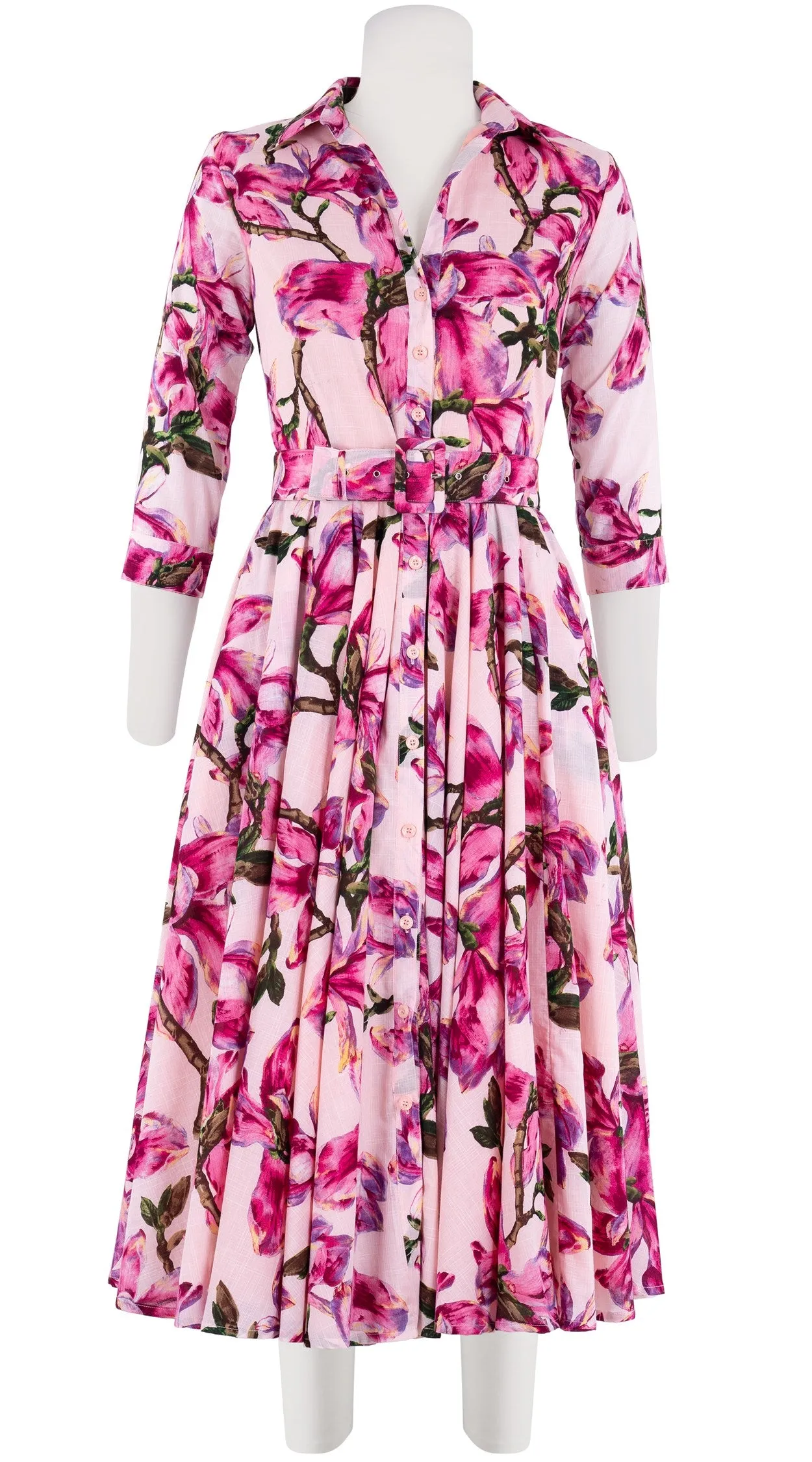 Aster Dress Shirt Collar 3/4 Sleeve Midi Length Cotton Musola (Magnolia Blossom White)