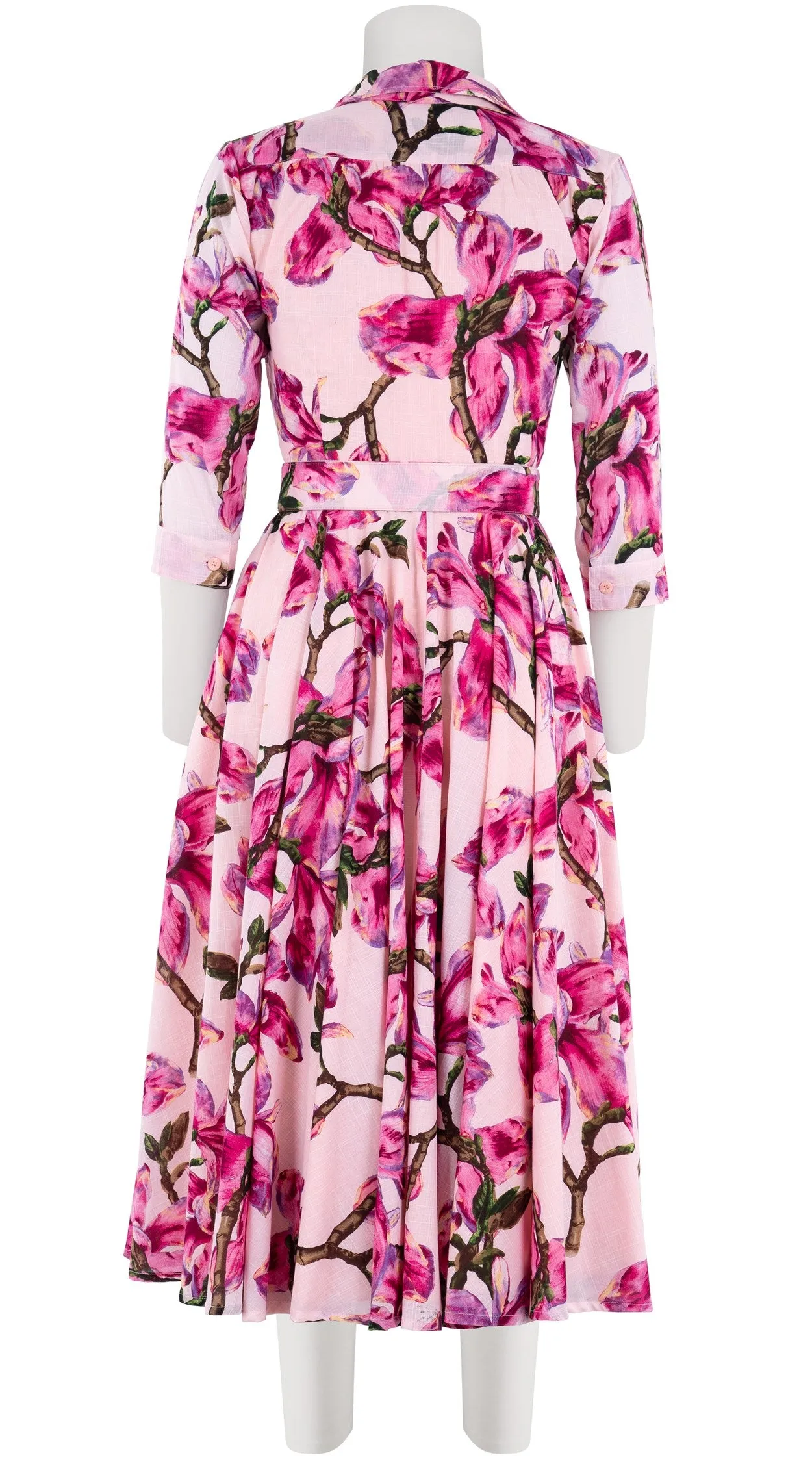 Aster Dress Shirt Collar 3/4 Sleeve Midi Length Cotton Musola (Magnolia Blossom White)