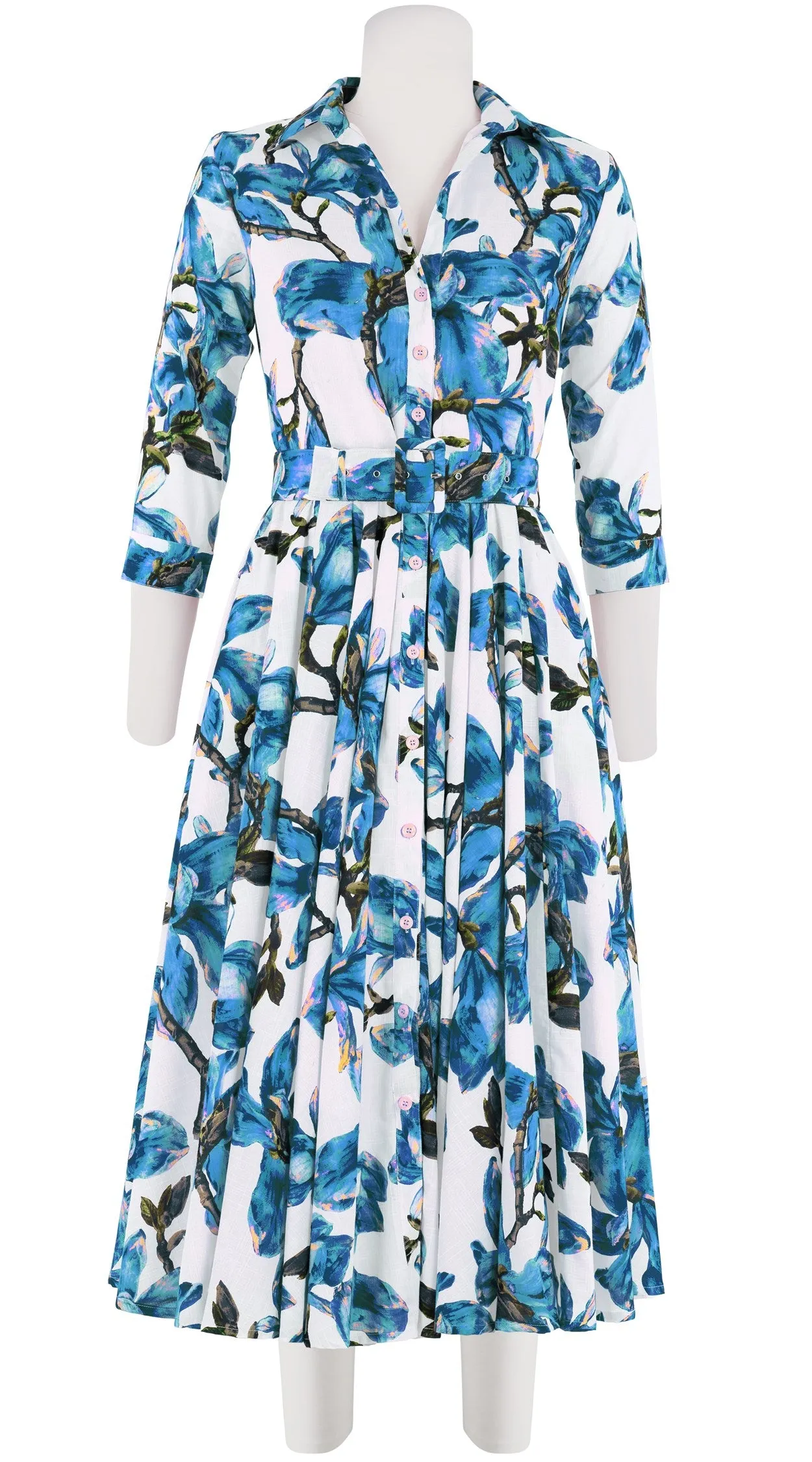 Aster Dress Shirt Collar 3/4 Sleeve Midi Length Cotton Musola (Magnolia Blossom White)