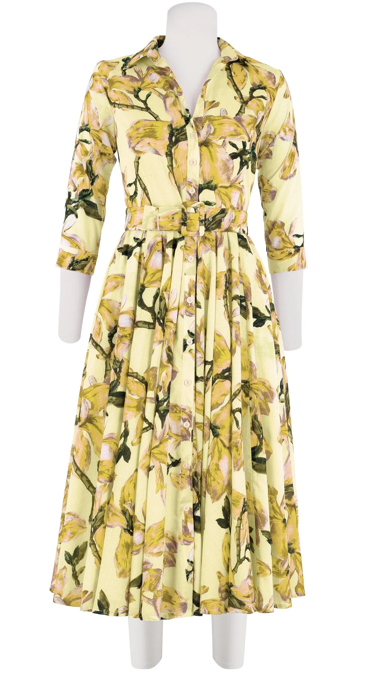 Aster Dress Shirt Collar 3/4 Sleeve Midi Length Cotton Musola (Magnolia Blossom White)