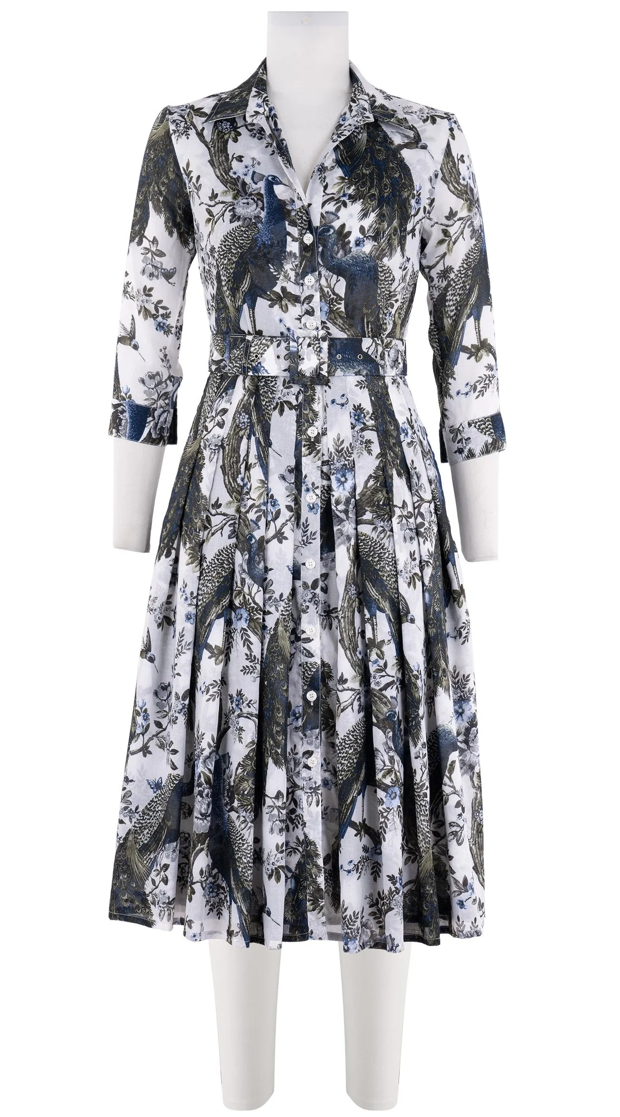 Audrey Dress #4 Shirt Collar 3/4 Sleeve Long  3 Length Cotton Musola (Belvedere Peacok)
