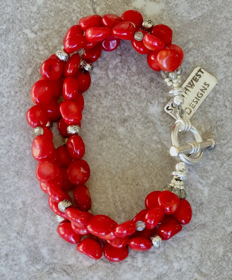 Bamboo Coral Pebble 4-Strand Bracelet with Fire Polished Glass and Sterling