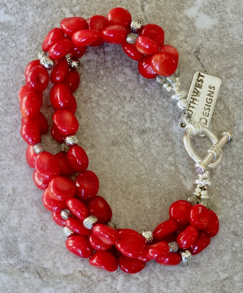 Bamboo Coral Pebble 4-Strand Bracelet with Fire Polished Glass and Sterling