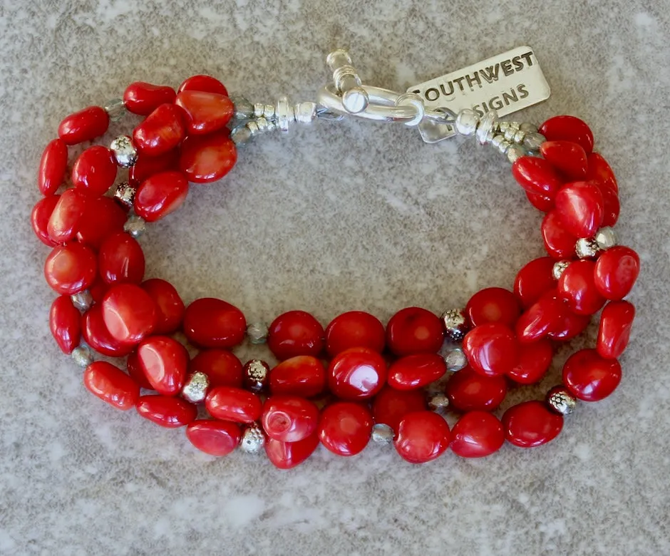 Bamboo Coral Pebble 4-Strand Bracelet with Fire Polished Glass and Sterling