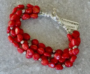 Bamboo Coral Pebble 4-Strand Bracelet with Fire Polished Glass and Sterling