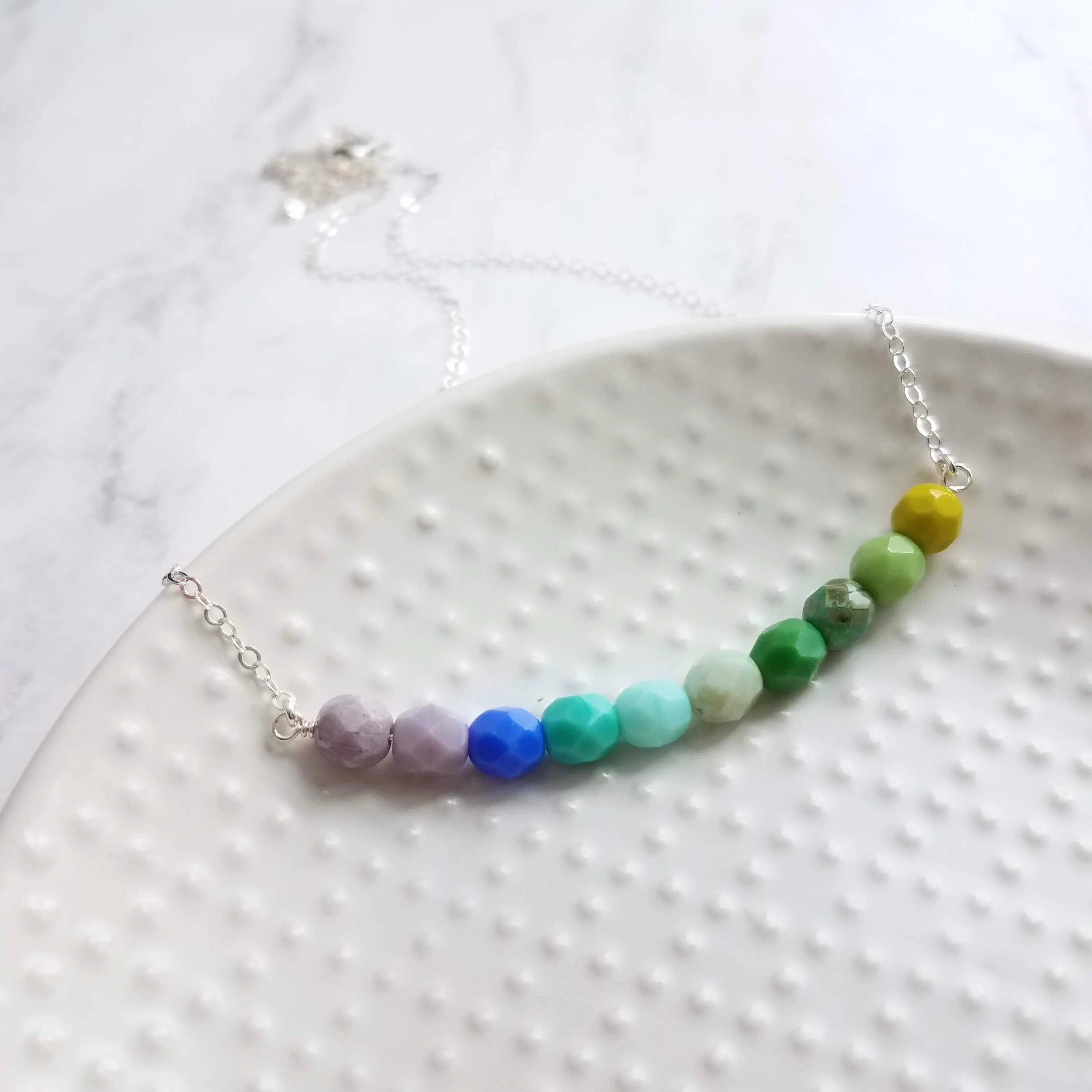 Beaded Necklace - blue green necklace, chunky bead necklace, shades of blue, shades of green, simple bead necklace, 14K gold fill chain