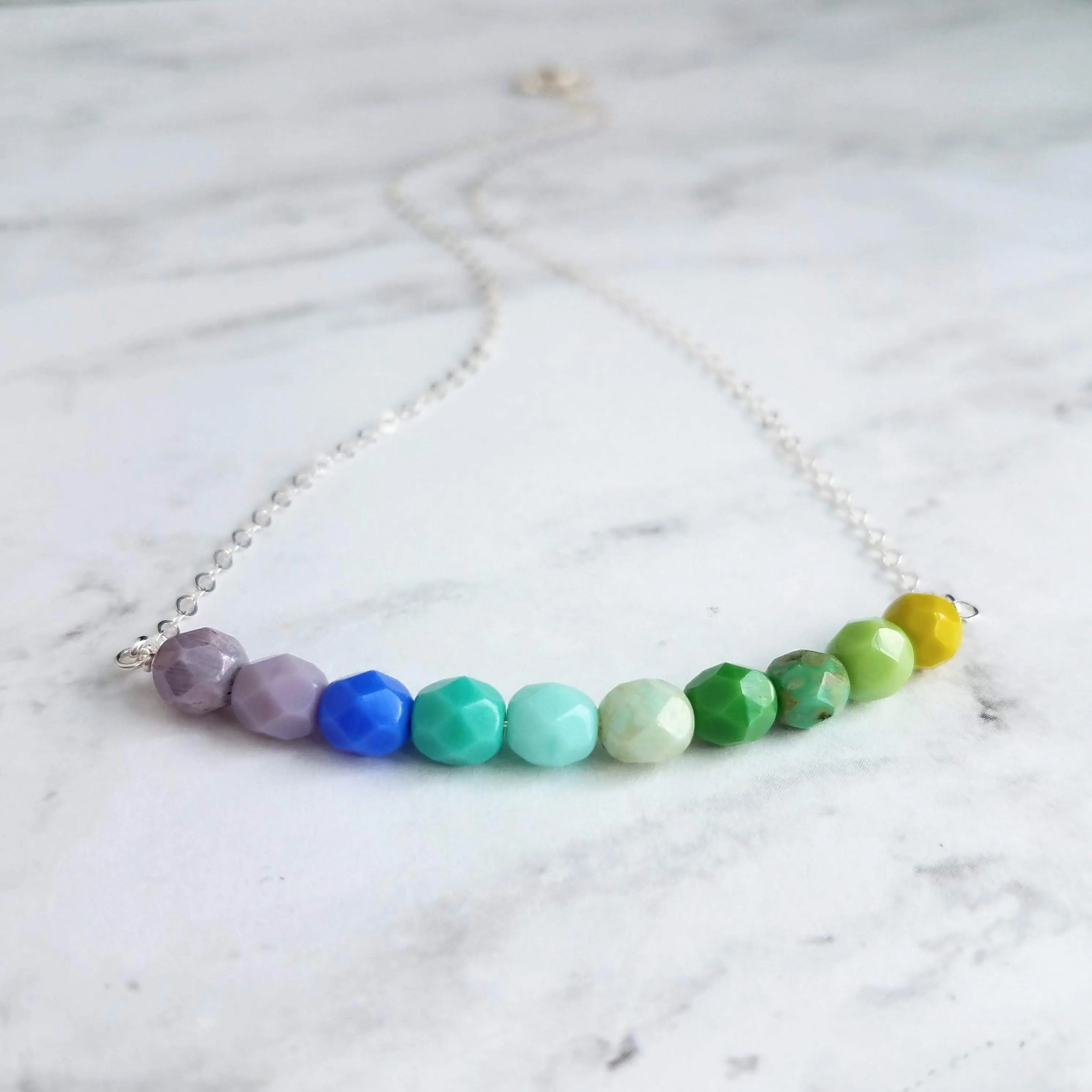 Beaded Necklace - blue green necklace, chunky bead necklace, shades of blue, shades of green, simple bead necklace, 14K gold fill chain