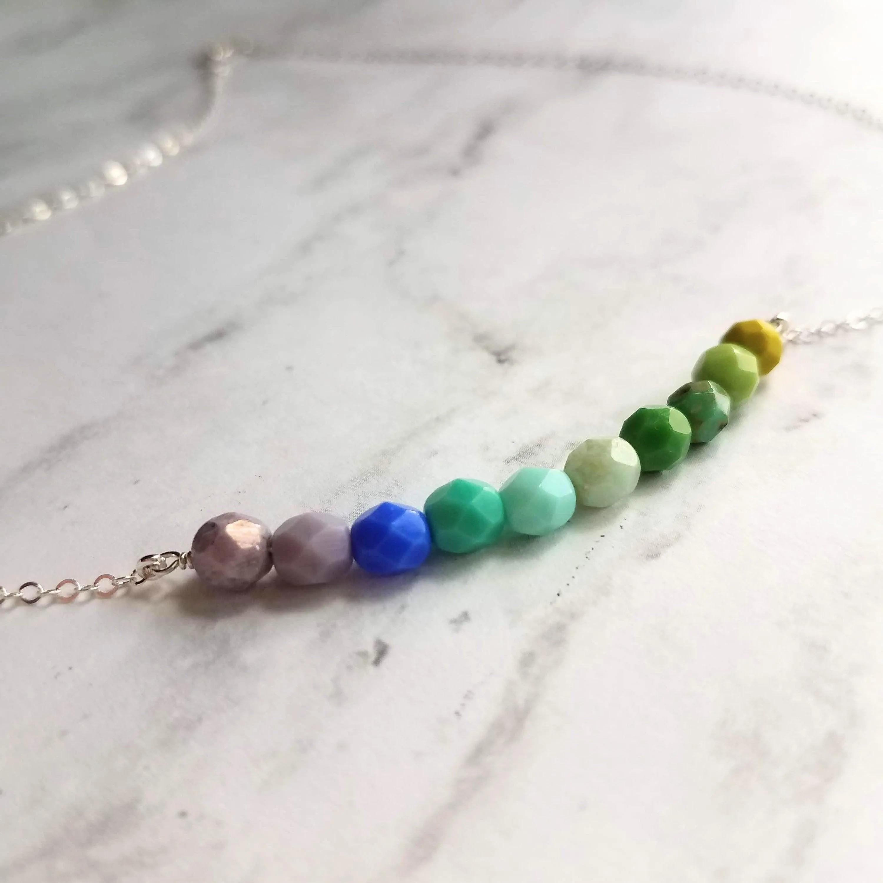 Beaded Necklace - blue green necklace, chunky bead necklace, shades of blue, shades of green, simple bead necklace, 14K gold fill chain