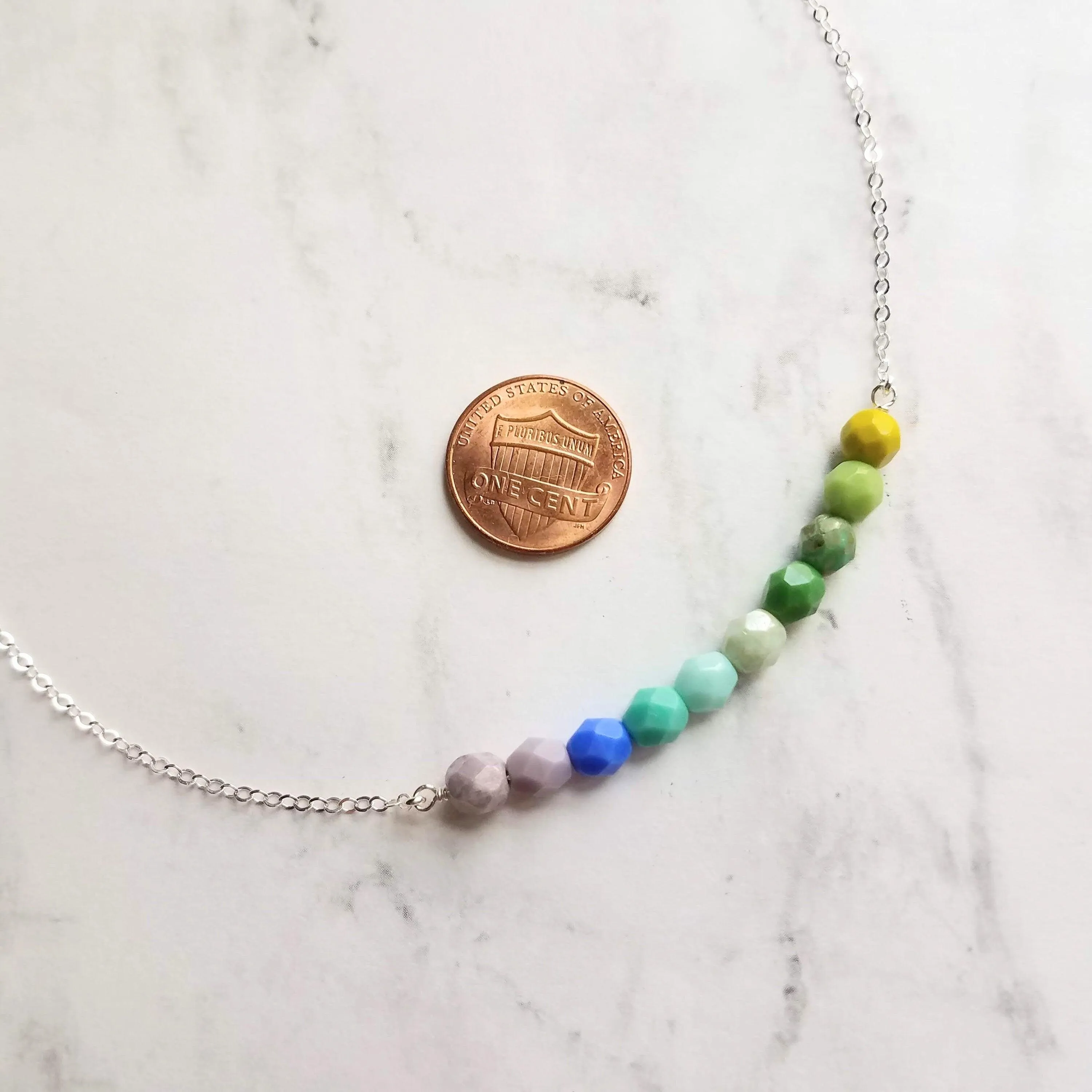 Beaded Necklace - blue green necklace, chunky bead necklace, shades of blue, shades of green, simple bead necklace, 14K gold fill chain
