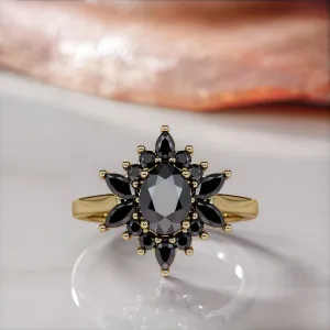 Black Swan  Floral  Natural Black Diamond Oval Engagement Ring